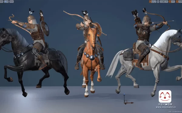 AAA级游戏品质古代骑战马的弓箭手模型