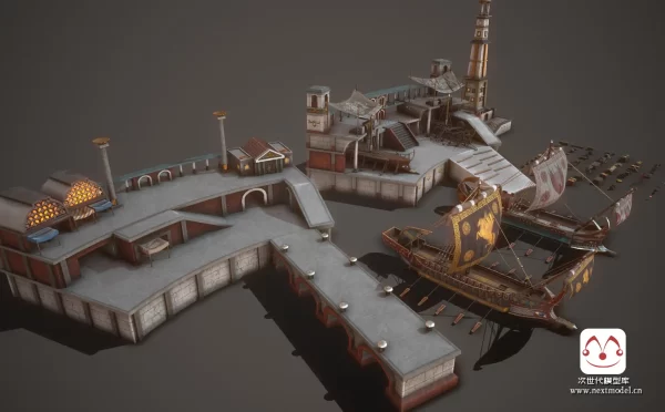 欧洲古代造船厂港口帆船模型资产包