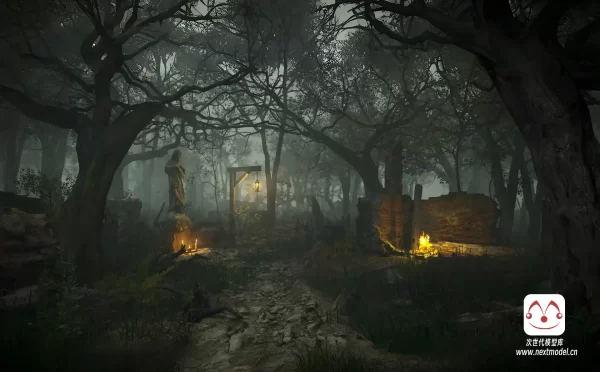 奇幻游戏中世纪黑暗恐怖气氛森林废墟环境场景
