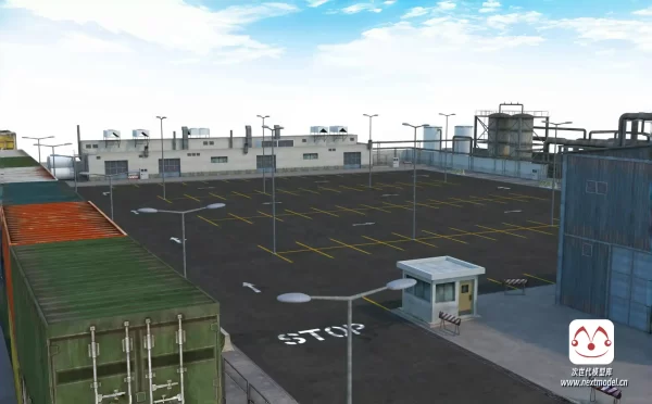 写实风格工业工厂厂房停车场场景模型
