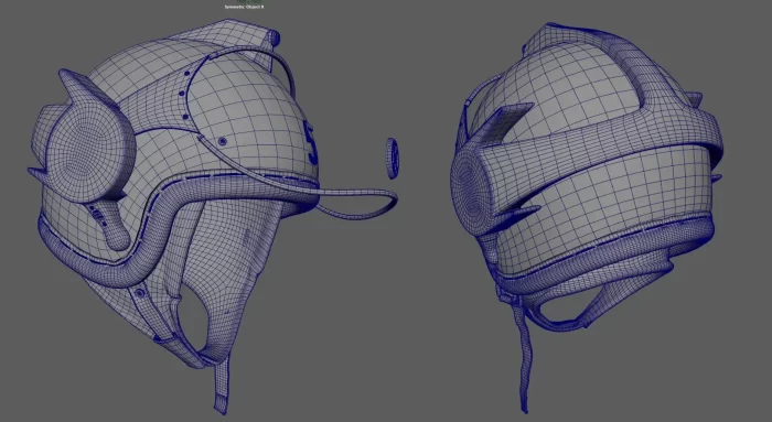 Maya中创建的百合子角色头盔模型素模线框图效果