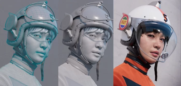 《归来奥特曼》中经典角色百合子形象渲染图。同一个视角三个状态，线框图、白模素模和最终渲染图。