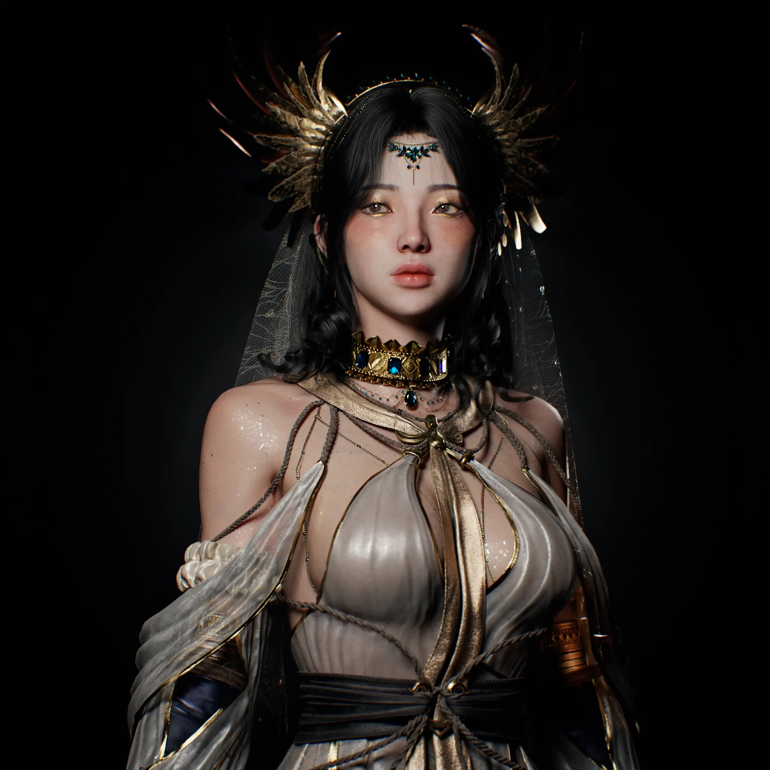 融合东西方美学的3D奇幻女祭司角色:李东贤的3D角色美学与技术工作流揭秘-次世代模型库 黑色背景 融合了东西方美学的3D 奇幻女祭司角色