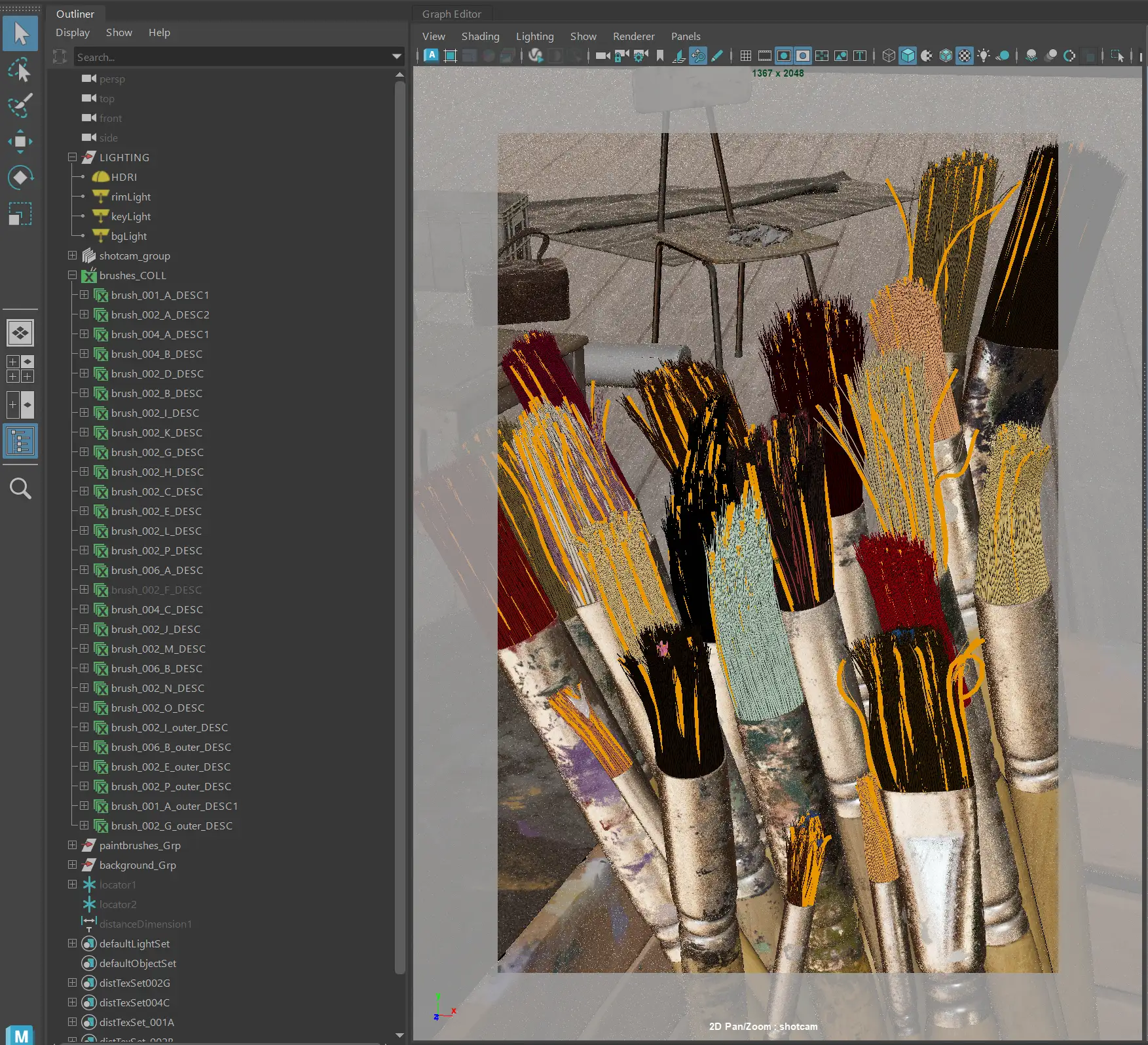 在V-Ray与XGen中打造逼真画笔:技术全解析-次世代模型库 Maya界面中的预览效果图