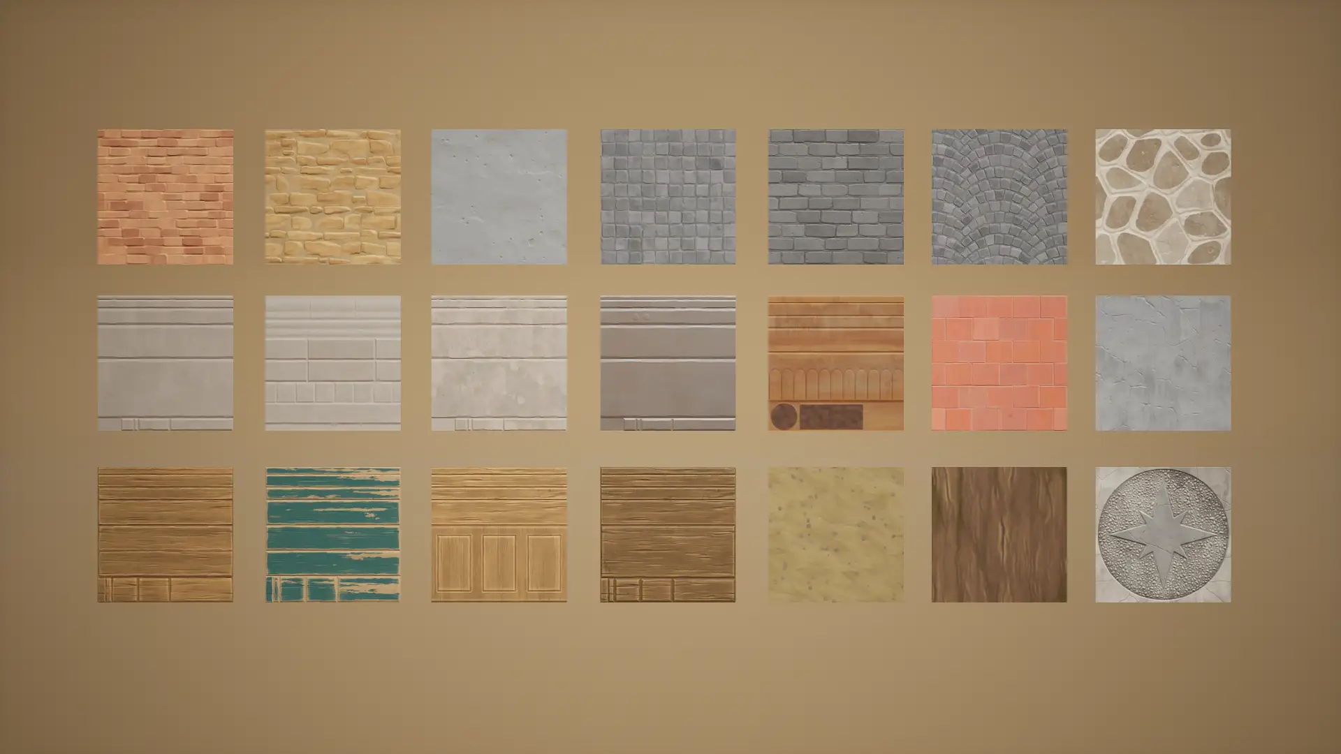 风格化小镇场景使用的场景贴图包括建筑和地面