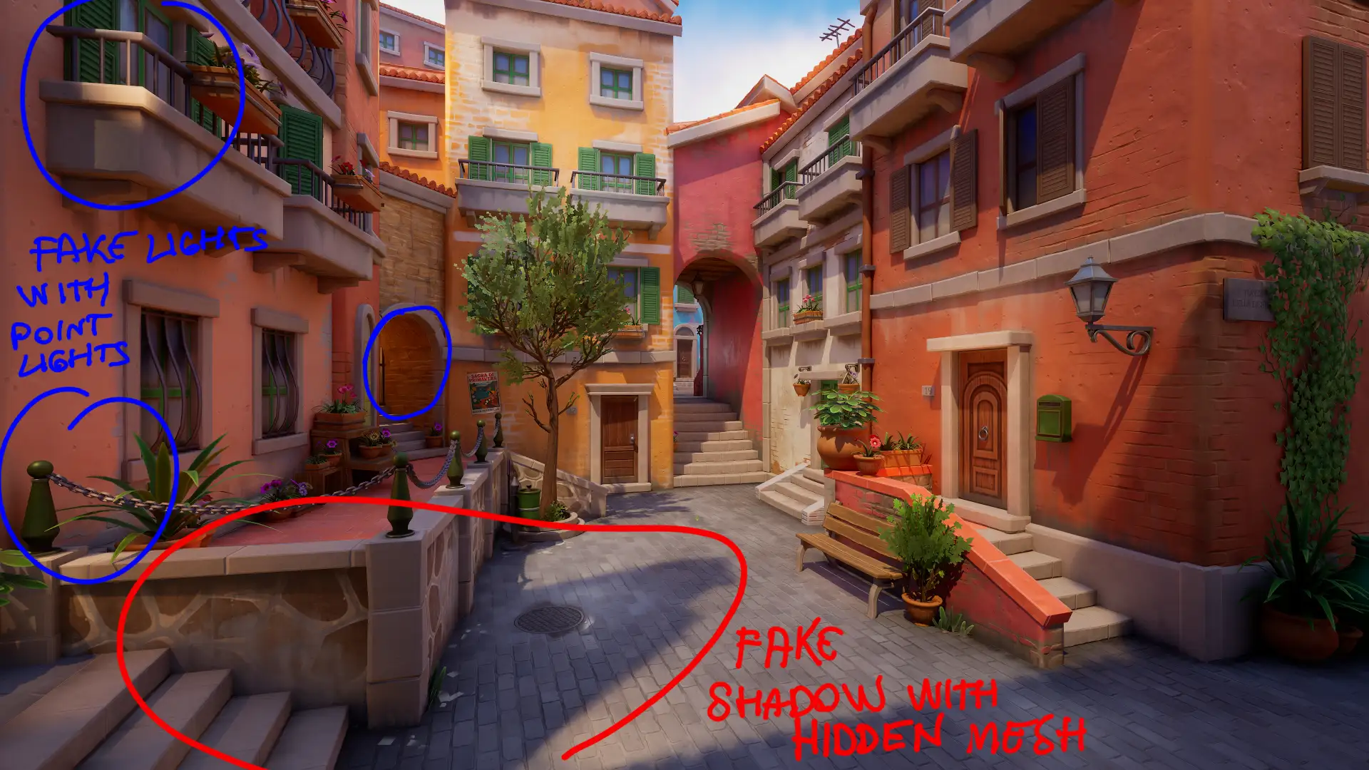 风格化小镇创作过程中阴影控制细节说明图