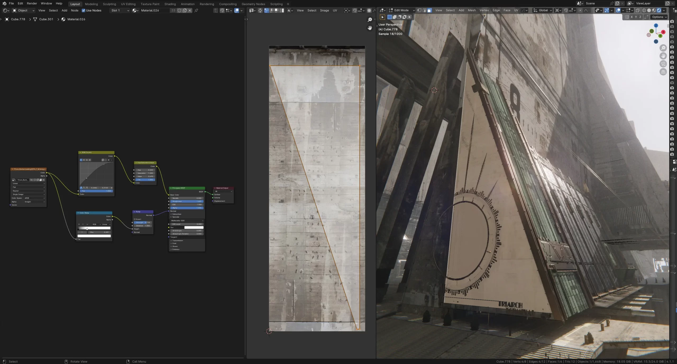 使用 Blender 设计粗野主义航站楼|3D 环境概念艺术全流程-次世代模型库 三角形立面直接投射砖墙照片纹理,无复杂节点
