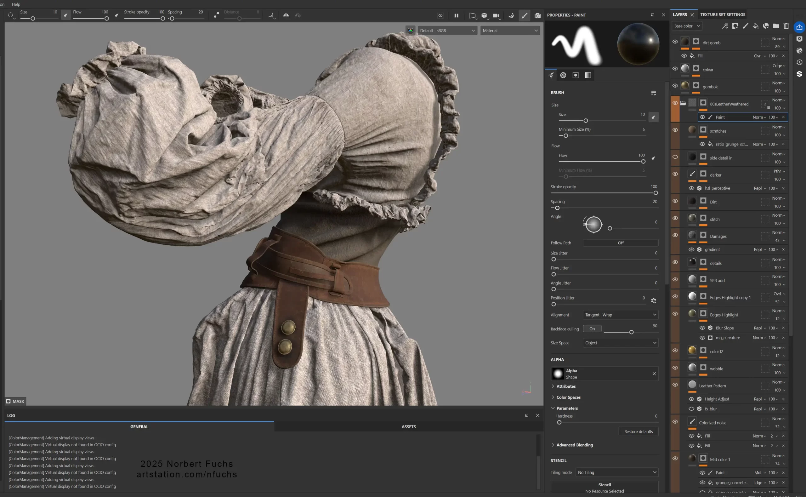 使用 UE5 与 Substance 3D 基于 AI 概念打造逼真女牛仔肖像-次世代模型库 Substance 3D Painter 界面中衣服纹理绘制