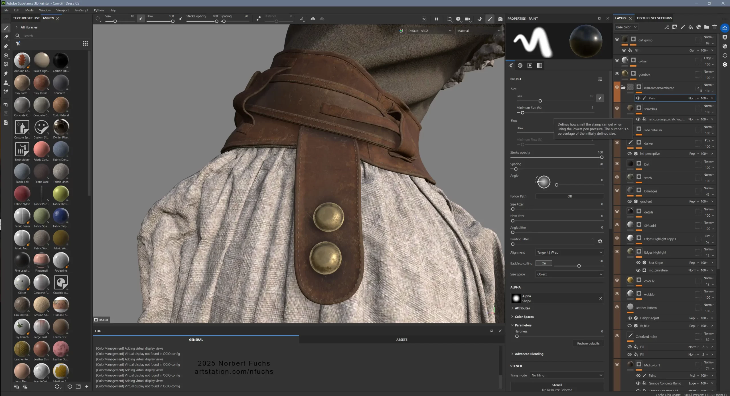 使用 UE5 与 Substance 3D 基于 AI 概念打造逼真女牛仔肖像-次世代模型库 Substance 3D Painter 界面中腰带手绘旧化布料与皮革材质