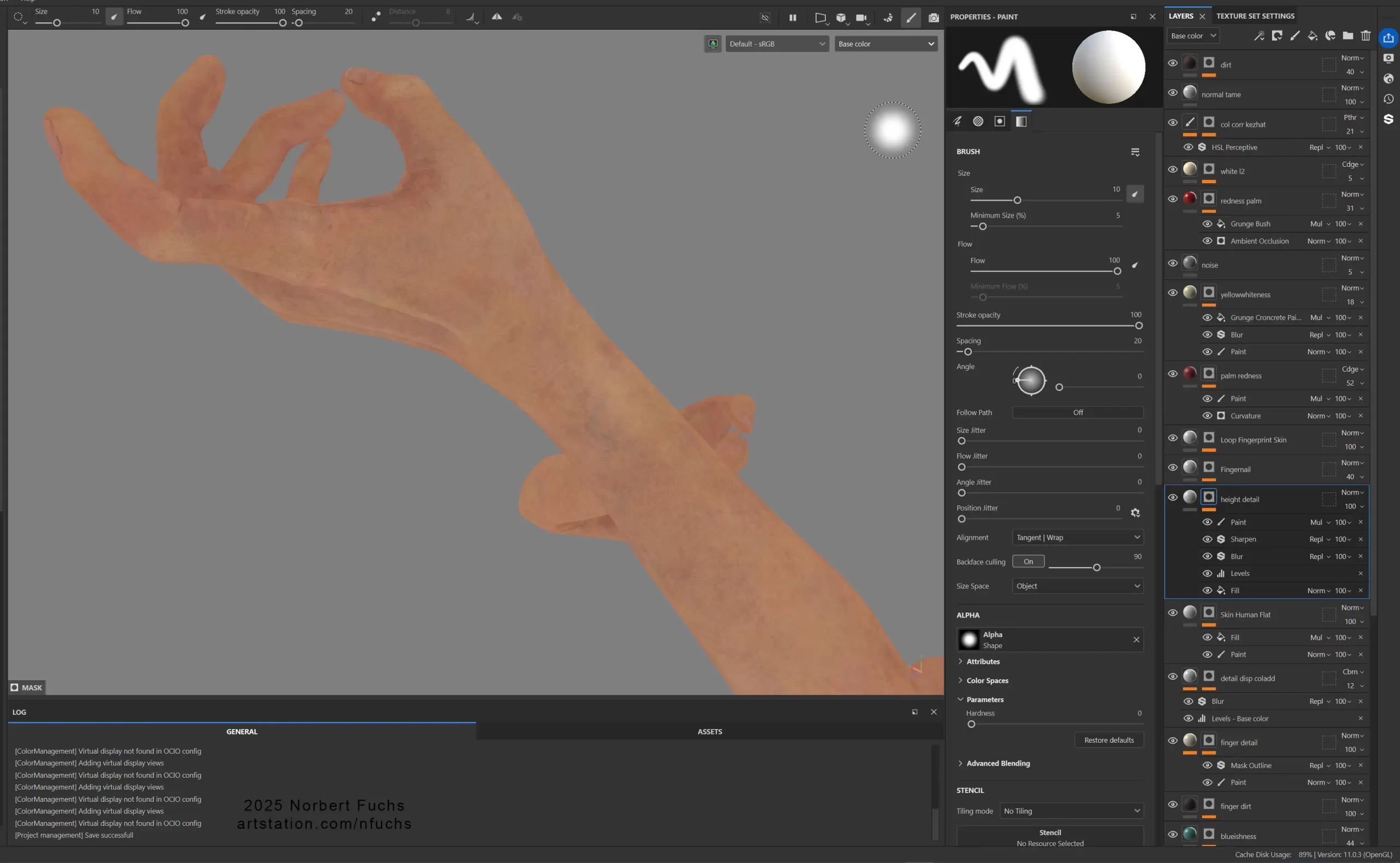 使用 UE5 与 Substance 3D 基于 AI 概念打造逼真女牛仔肖像-次世代模型库 Substance 3D Painter 界面中手部纹理绘制状态平面照明