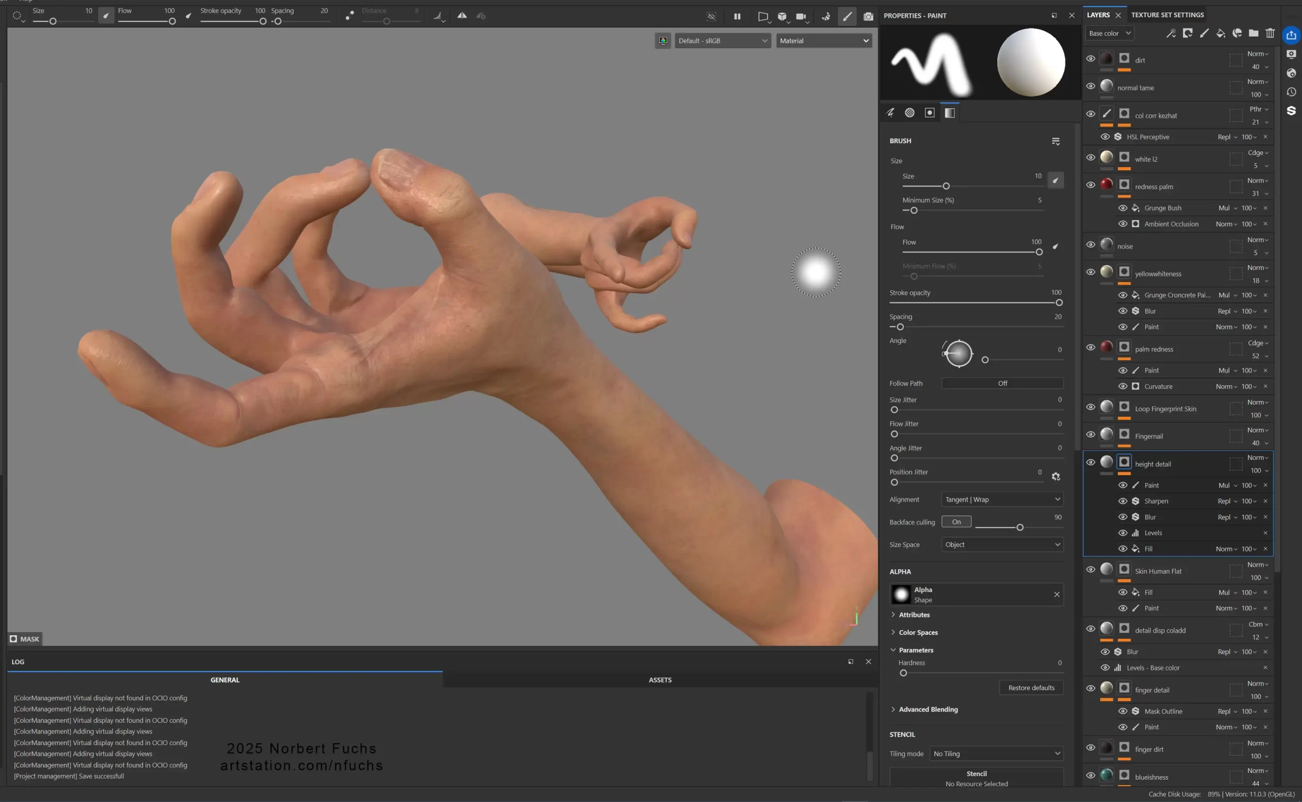 使用 UE5 与 Substance 3D 基于 AI 概念打造逼真女牛仔肖像-次世代模型库 Substance 3D Painter 界面中手部纹理绘制状态