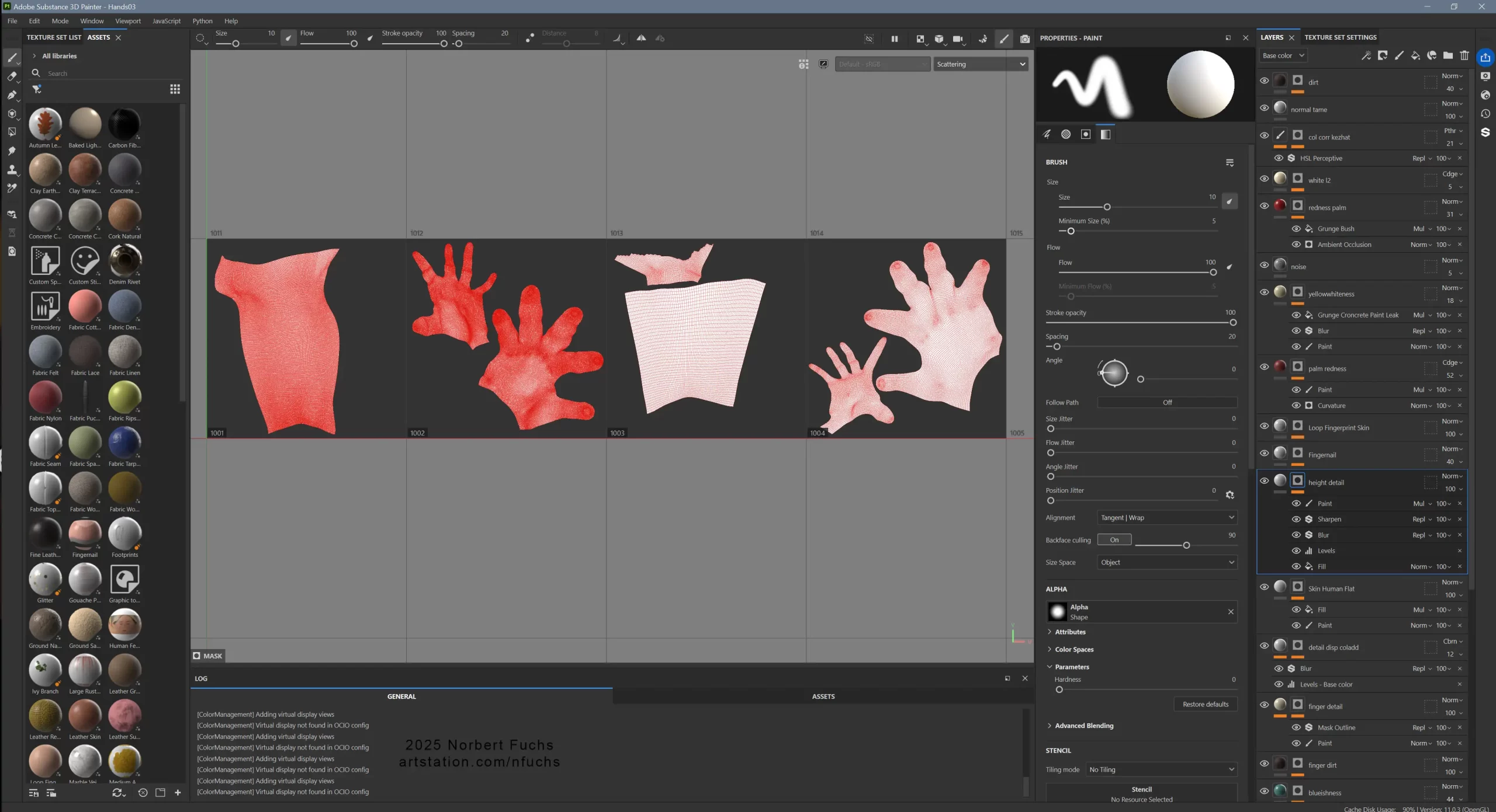 使用 UE5 与 Substance 3D 基于 AI 概念打造逼真女牛仔肖像-次世代模型库 Substance 3D Painter 界面中手部部分拓扑