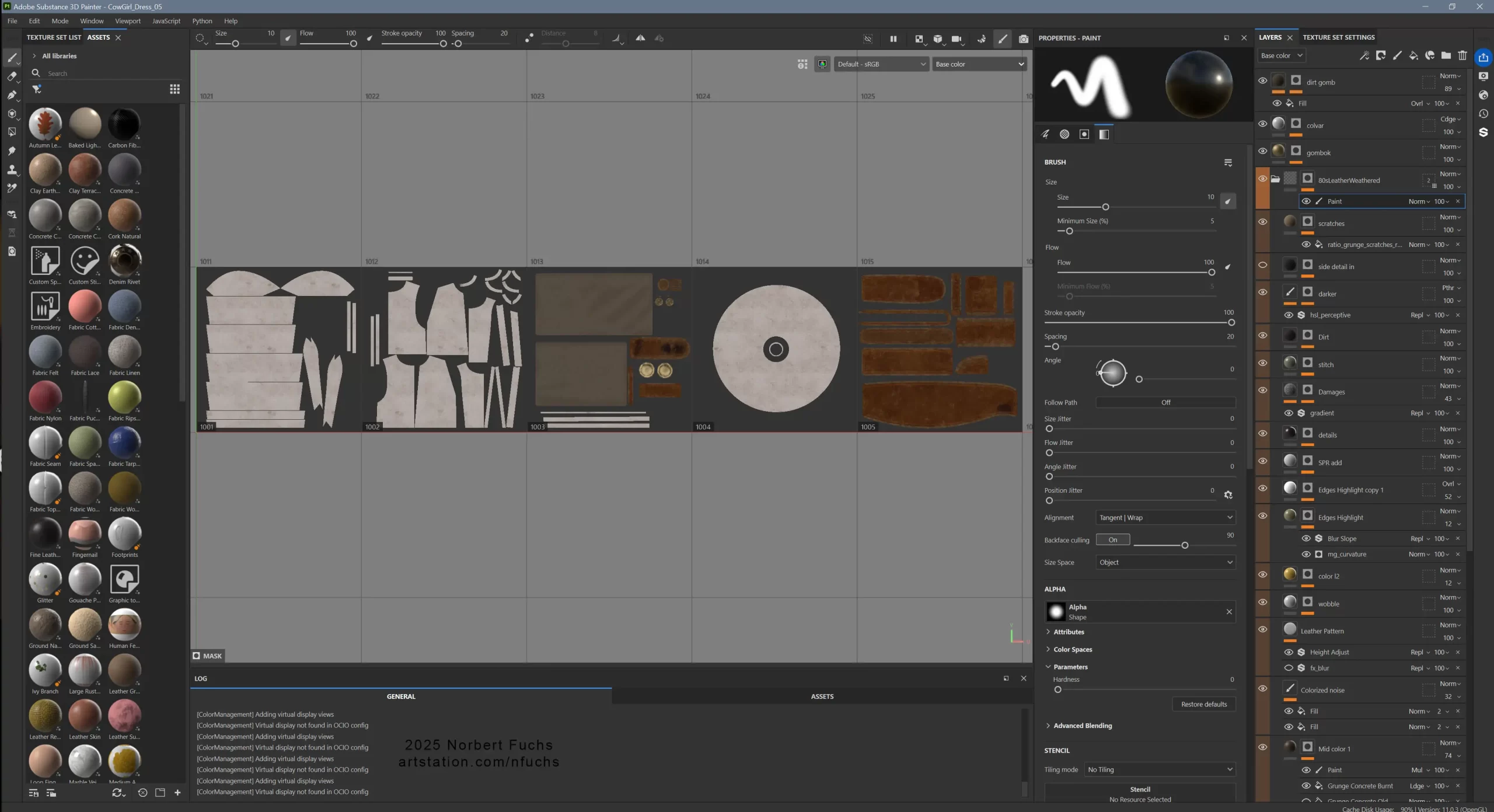 使用 UE5 与 Substance 3D 基于 AI 概念打造逼真女牛仔肖像-次世代模型库 Substance 3D Painter 界面中衣服部分拓扑