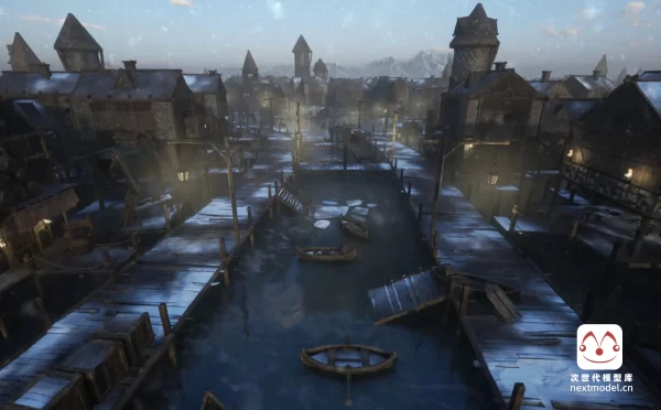 中世纪湖边村庄建筑与码头场景