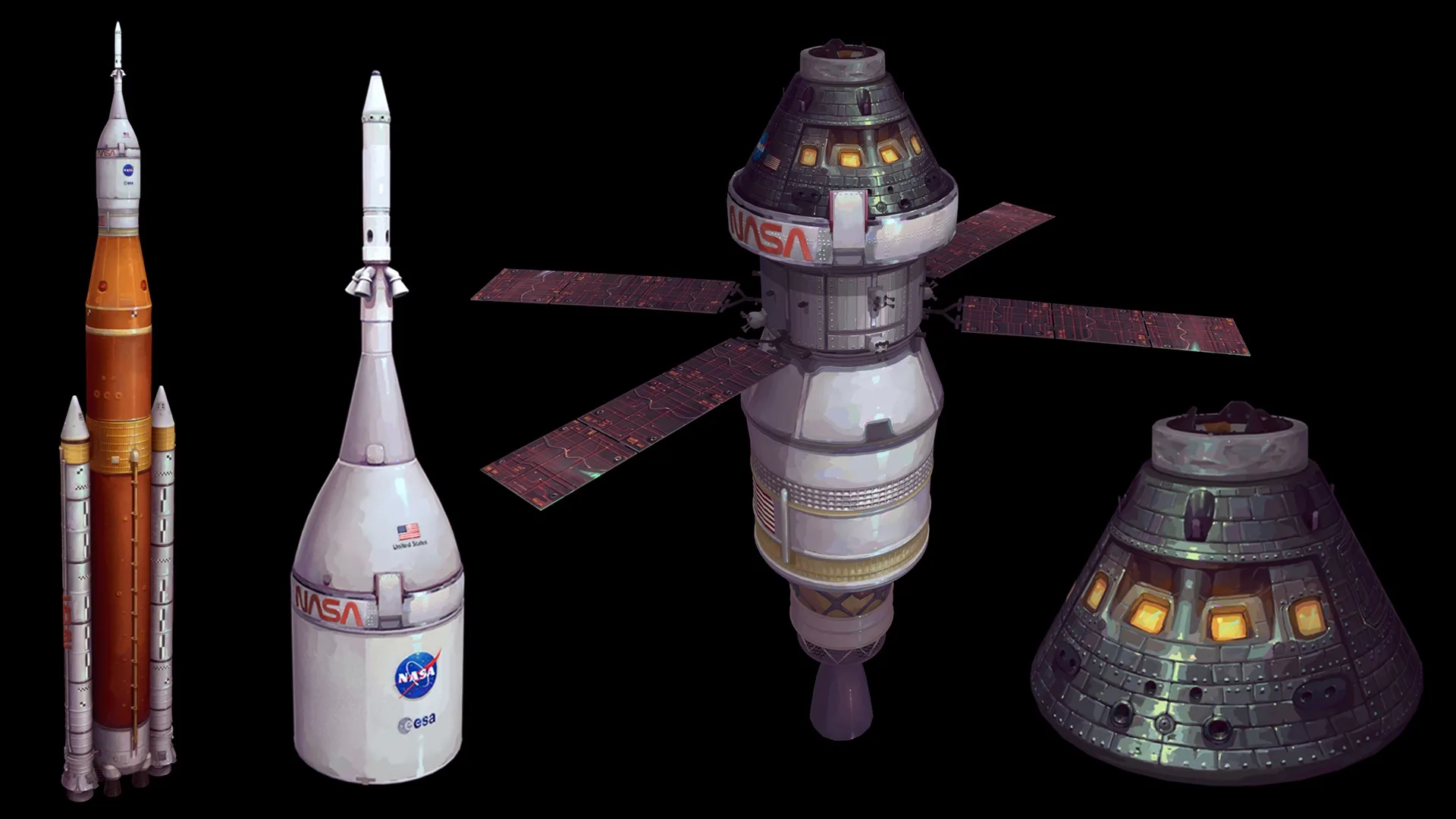 Artemis II 载人飞船的手绘风格 3D 模型成片，展示彩色手绘贴图的航天器等比例模型