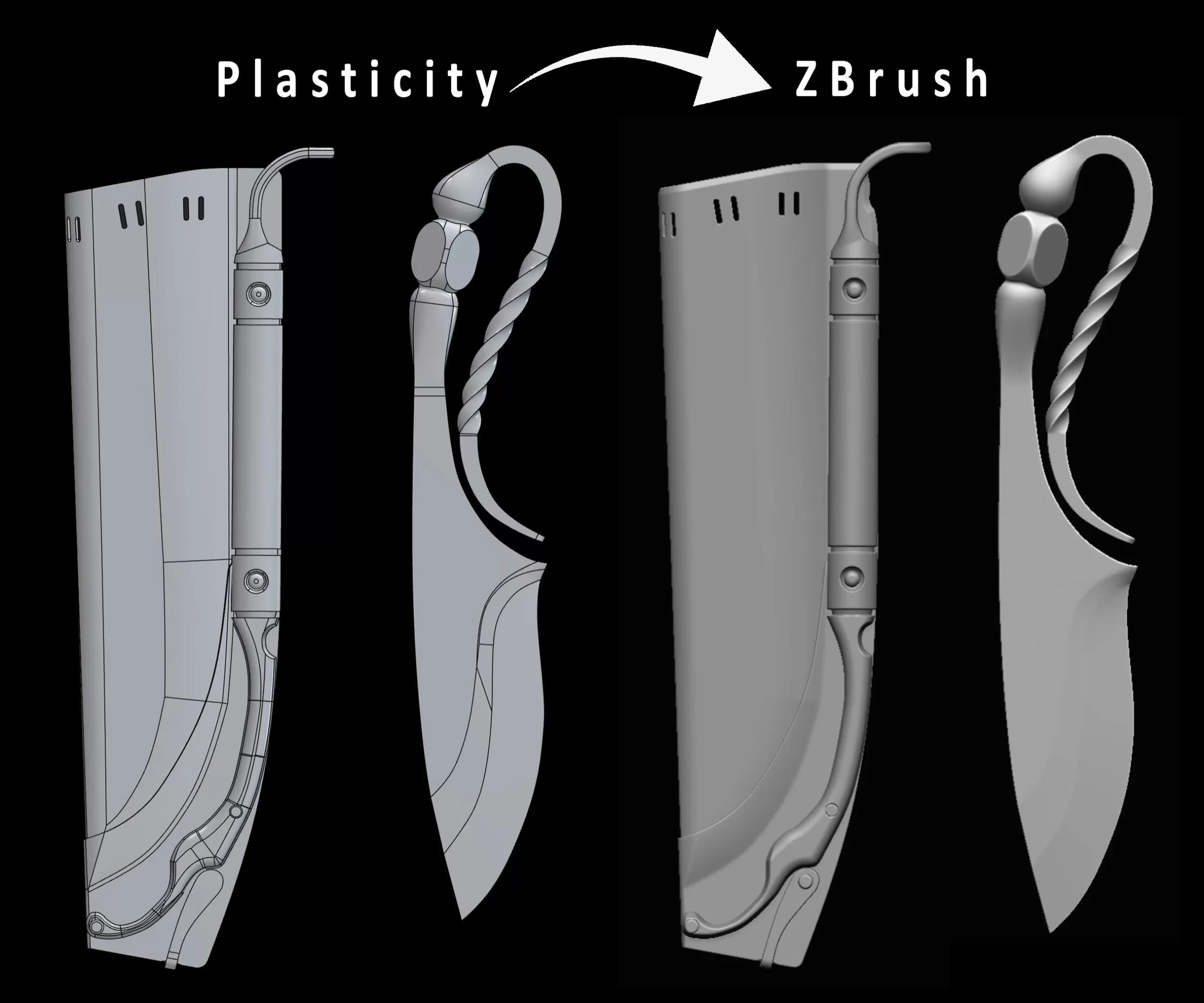 Plasticity 基础建模 Plasticity 中建立的匕首基础模型,随后转入 ZBrush