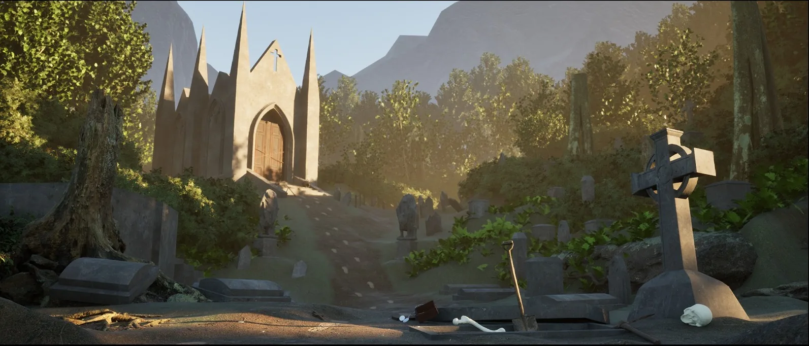 白模阶段 Unreal Engine 中白模阶段场景,低角度镜头构图