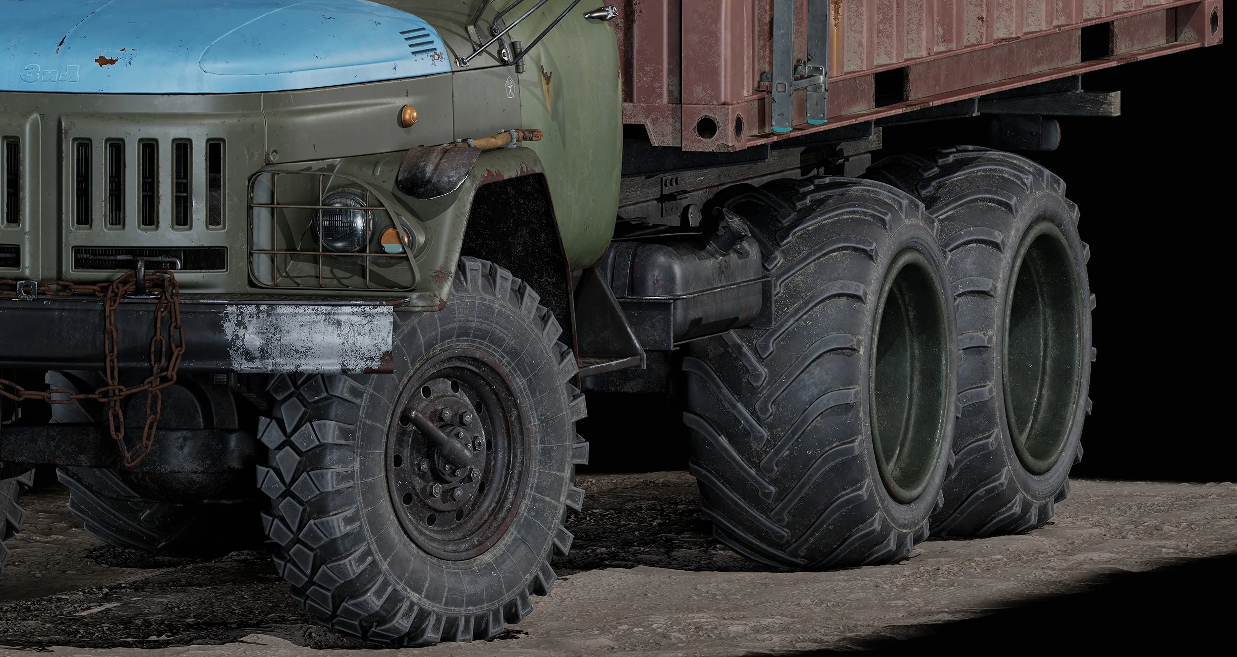 Zil Nomad 卡车侧视图渲染,展示集装箱与车头比例