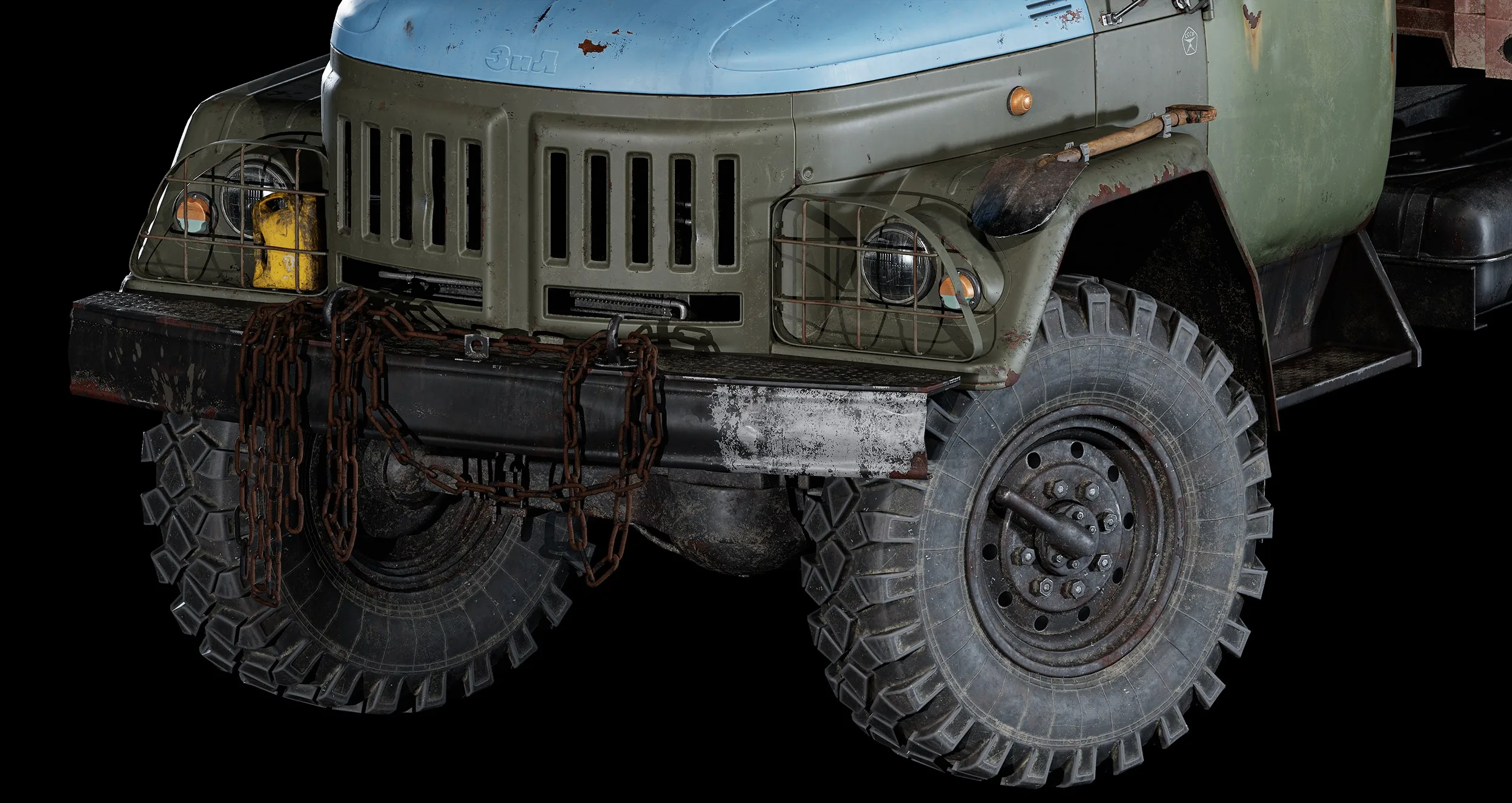 Zil Nomad 卡车侧后方细节渲染,集装箱与车身锈蚀质感