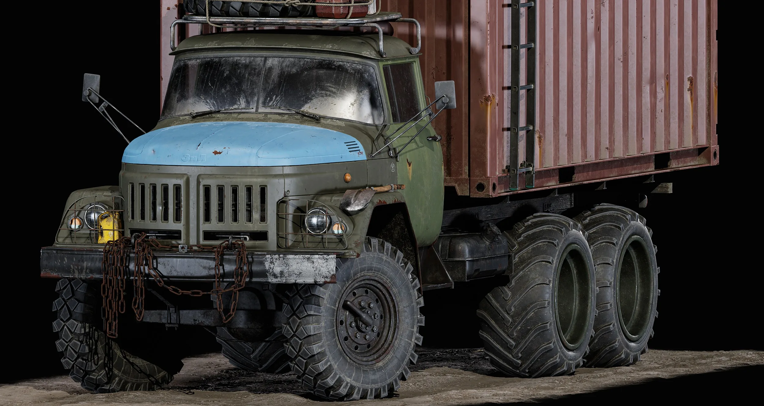 Zil 131 苏联卡车改装海运集装箱最终渲染,沙漠环境下的硬表面车辆模型