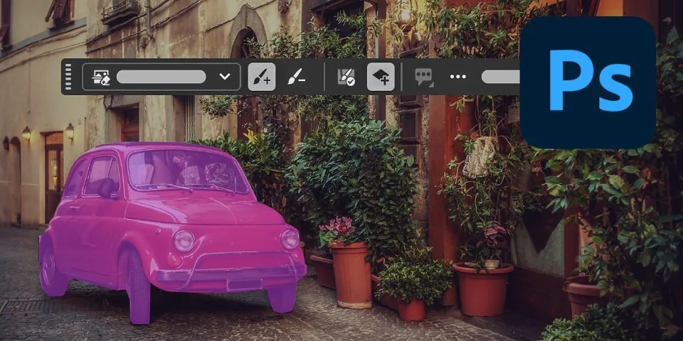 Photoshop 27.9.1 上下文任务栏 Photoshop 27.9.1 上下文任务栏截图,背景是欧洲老街景与植物,前景一辆粉色小车被 Remove 工具选中准备 AI 移除或生成