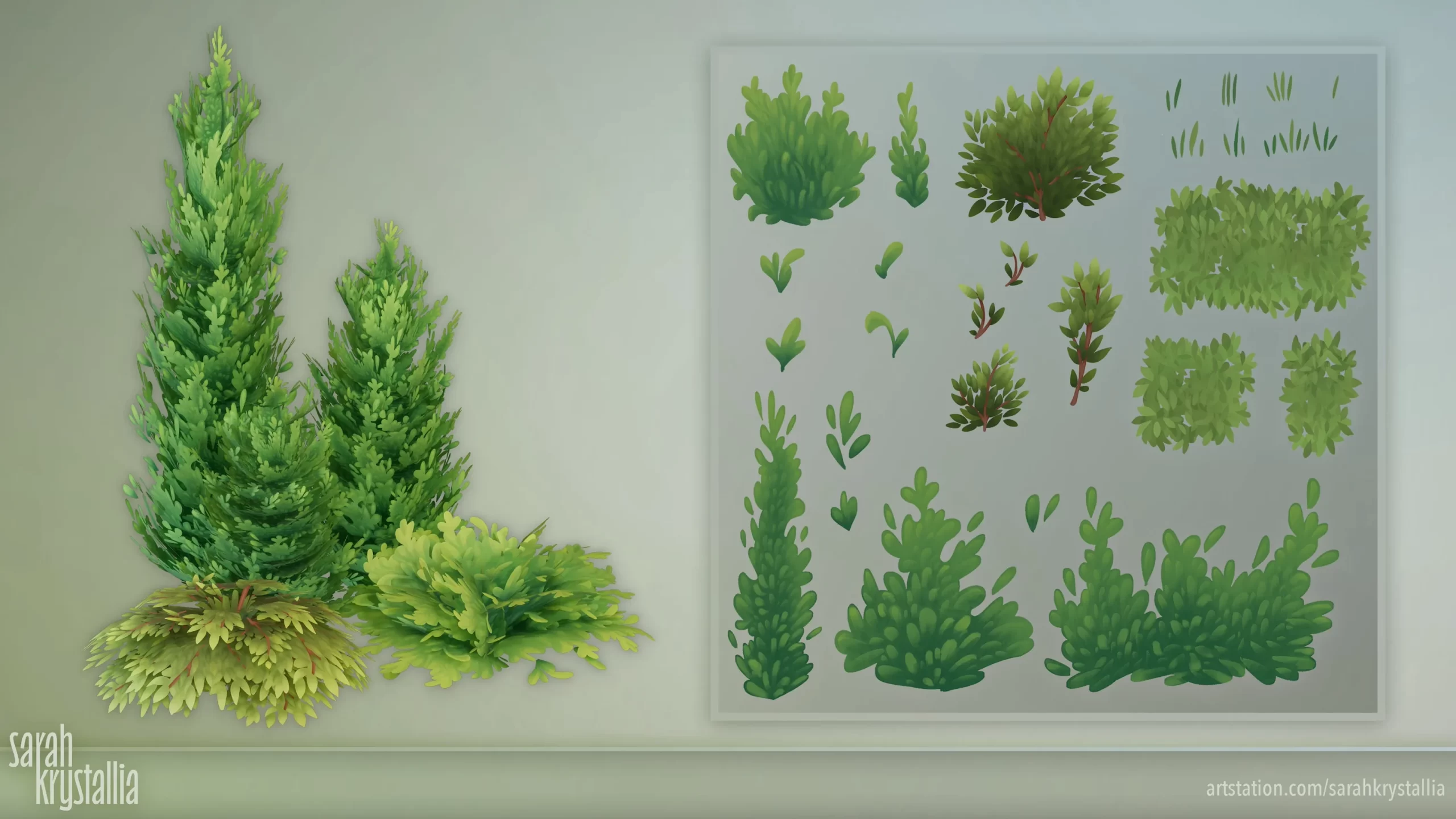 两棵风格化针叶树模型与一张包含枝叶元素的 foliage 精灵图