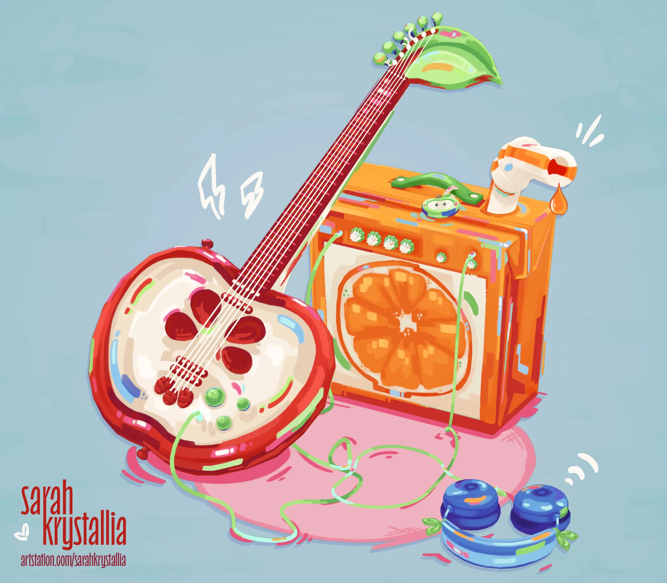 Sarah Krystallia 的 Jam Station 项目，以草莓吉他、橙子音箱与蓝莓耳机组成的手绘风格场景
