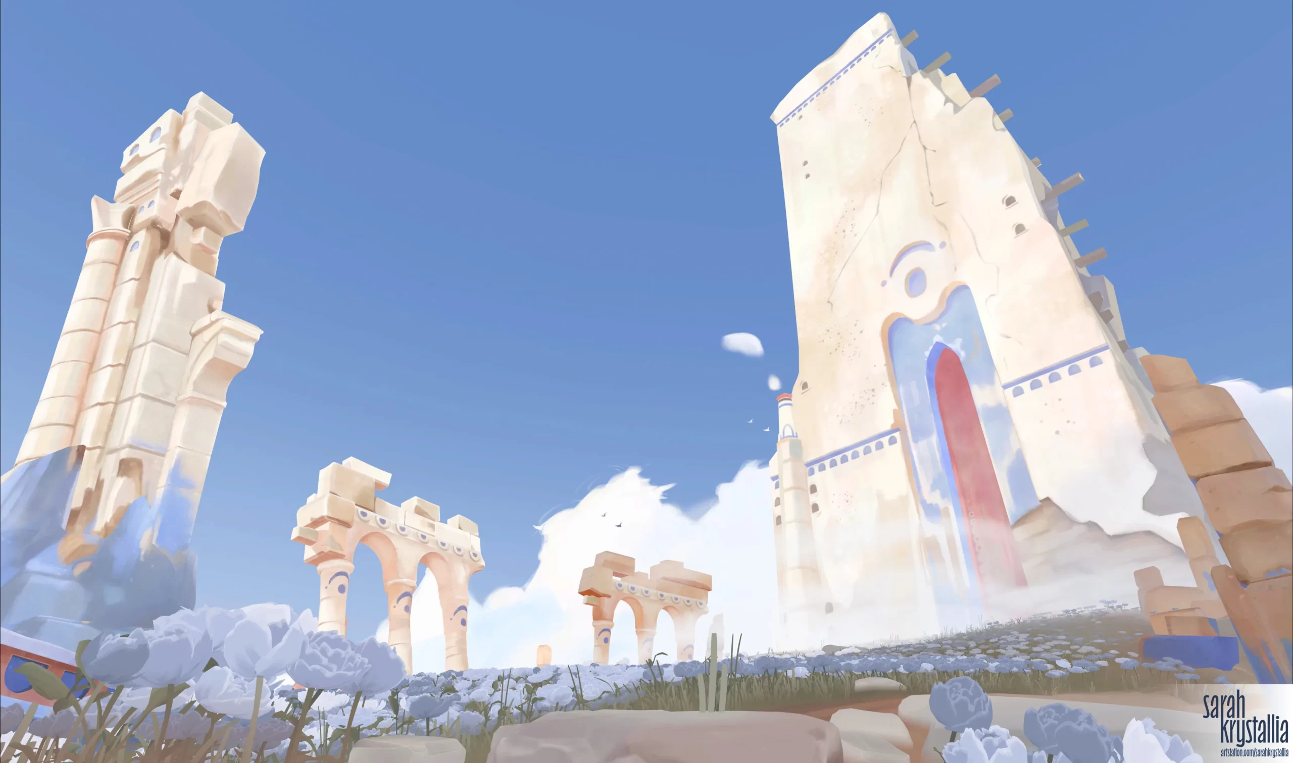 基于 Farah Mérand 概念创作的 Cliff Tower 项目，呈现蓝天下的白色遗迹塔楼与花海