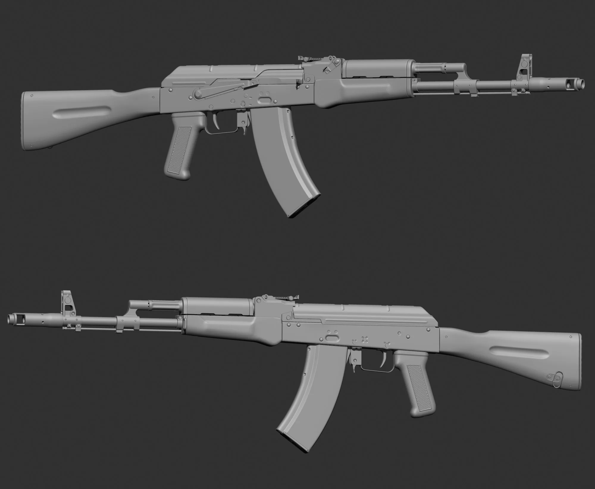 ZBrush 高模展示 ZBrush 中 AK-74 高模的多角度视图