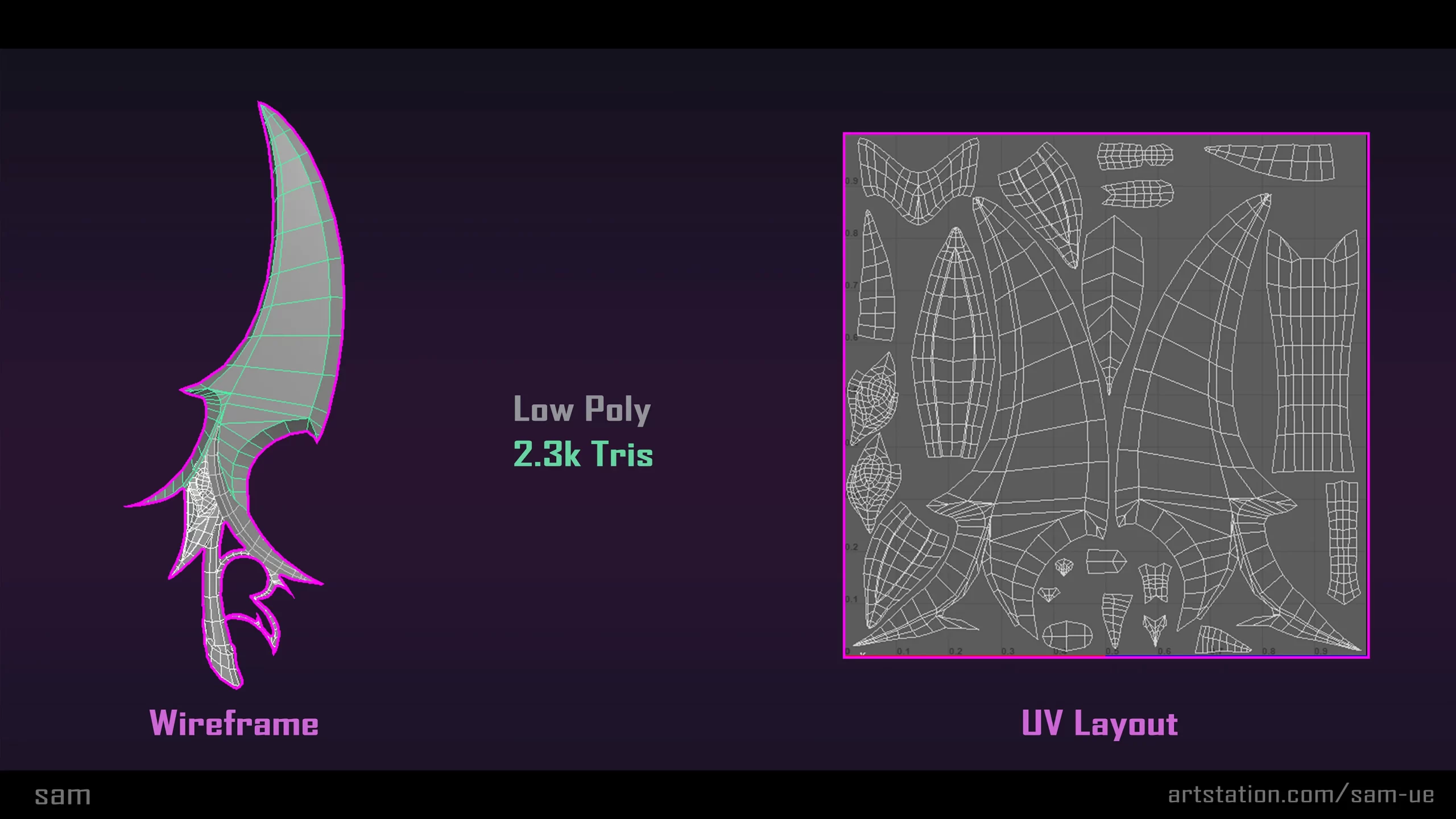 低模线框与 UV 布局 水晶剑的低模线框与 UV 展开布局