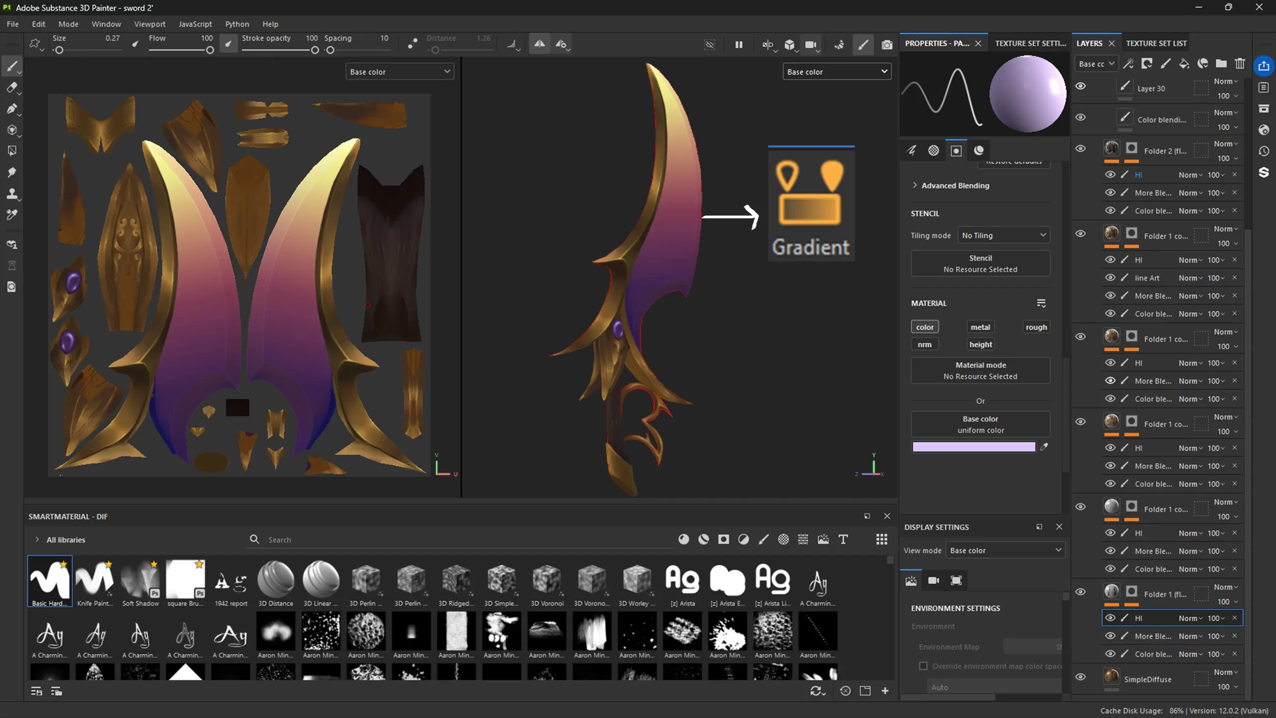 水晶渐变基础绘制 Substance 3D Painter 中使用渐变滤镜绘制水晶基础色的界面截图