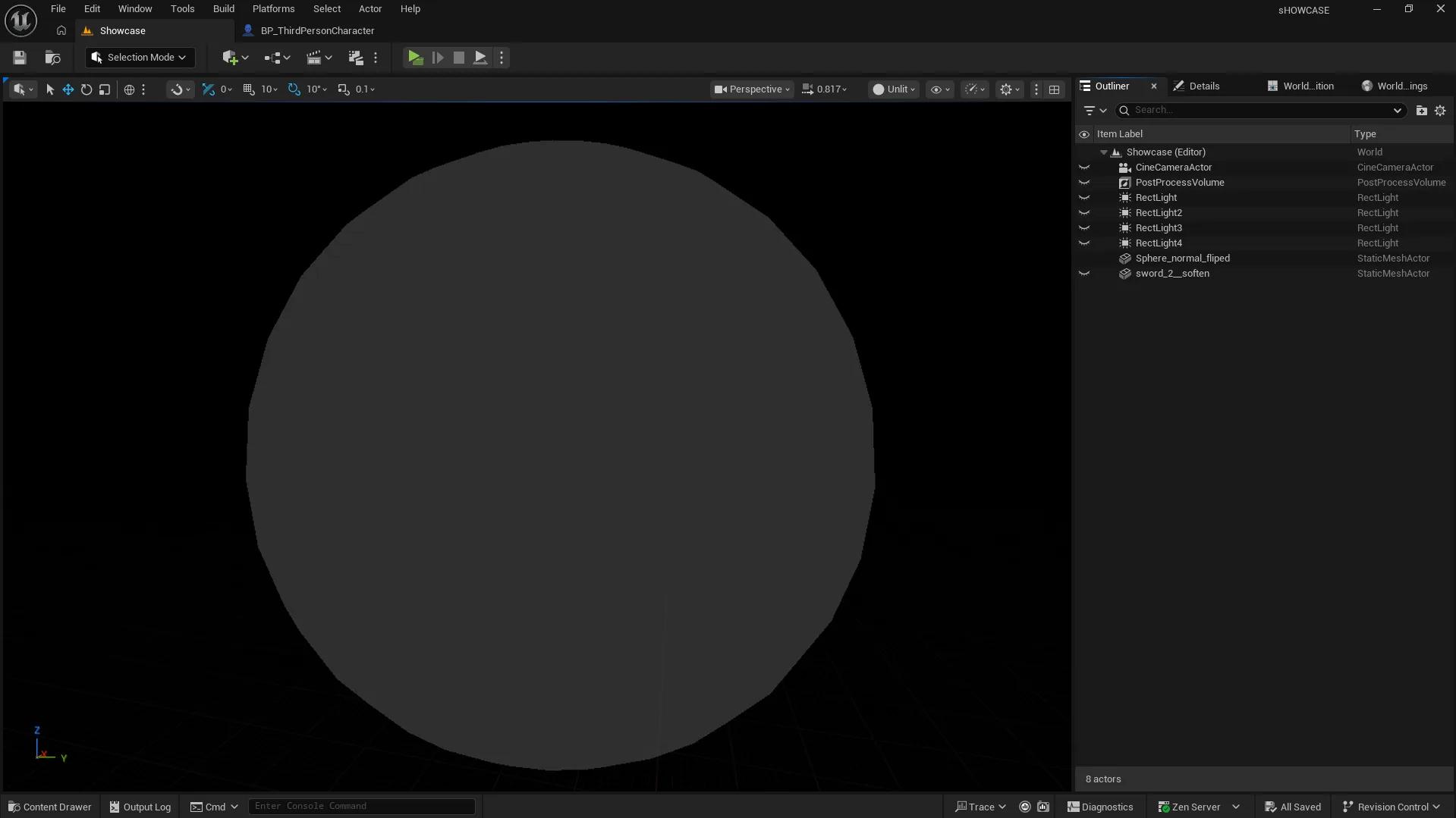 UE5 灯光场景搭建 Unreal Engine 5.7 中搭建的封闭球形摄影棚与水晶剑场景