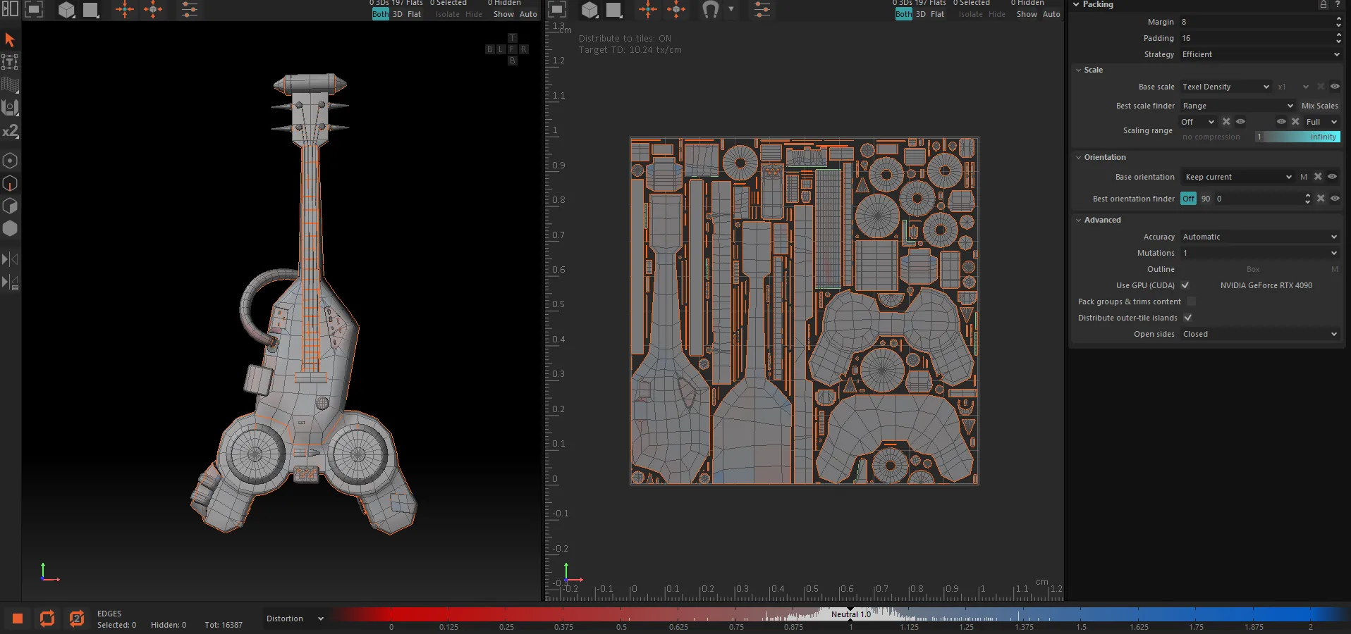 制作流程解析:在 Blender 中打造风格化卡通电吉他-次世代模型库 在 RizomUV 中展开干净 UV 接缝并打包