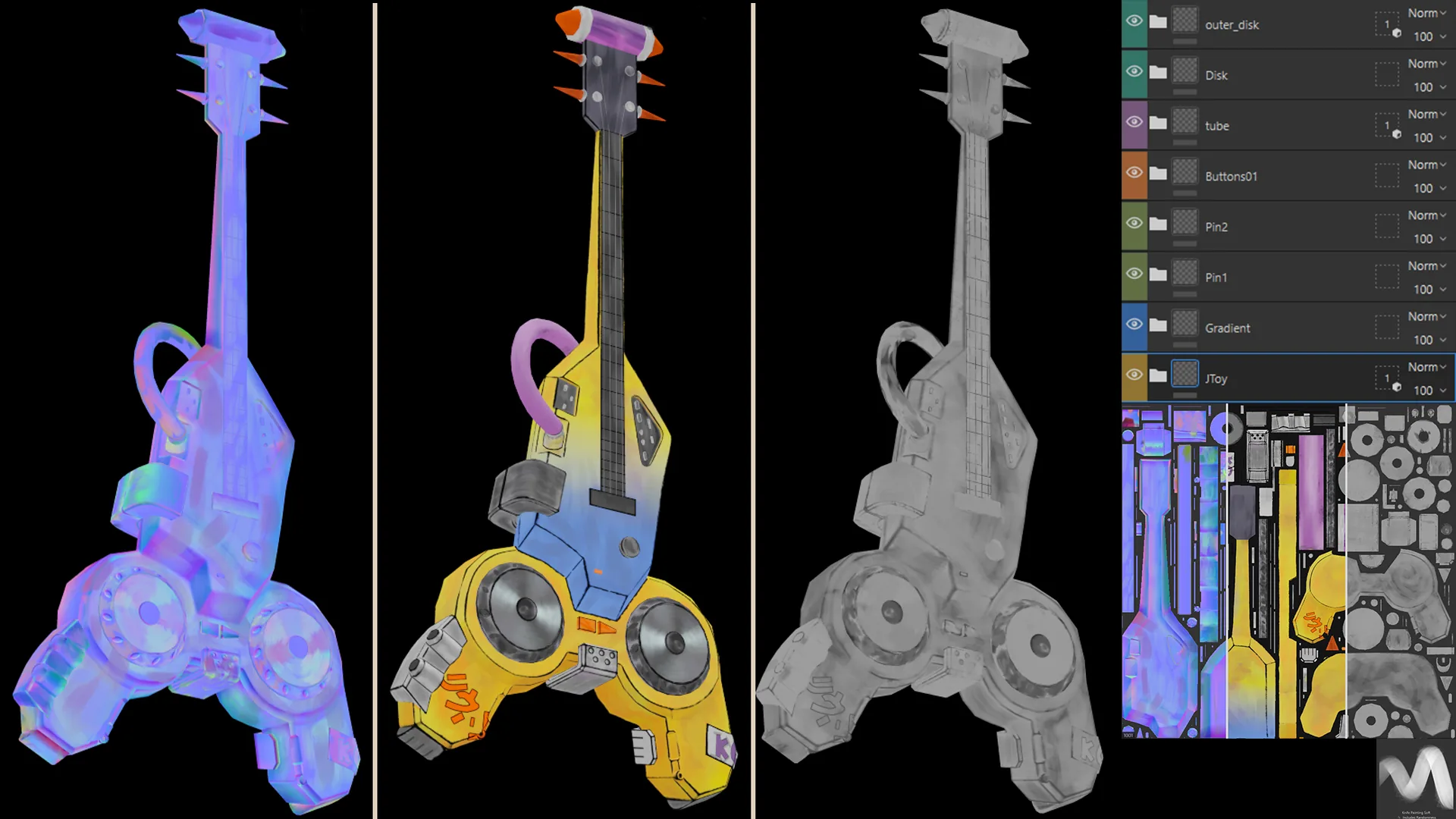 制作流程解析:在 Blender 中打造风格化卡通电吉他-次世代模型库 在 Substance 3D Painter 中烘焙与绘制法线贴图