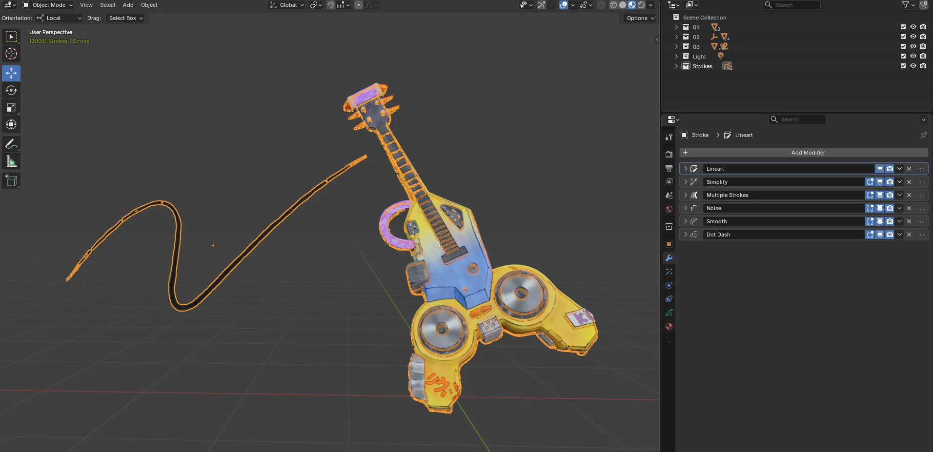 制作流程解析:在 Blender 中打造风格化卡通电吉他-次世代模型库 在 Blender 中用 Eevee 渲染并添加描边与风格化效果