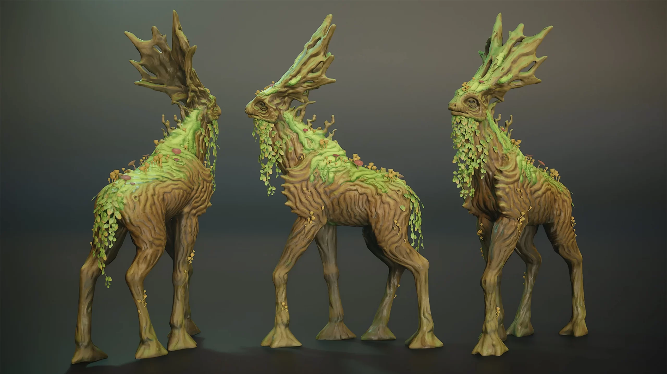 Livanthian 最终渲染三视图 Livanthian 树形四足生物最终渲染的三视图展示,呈现木质身躯、翠绿藤蔓与温和神态。