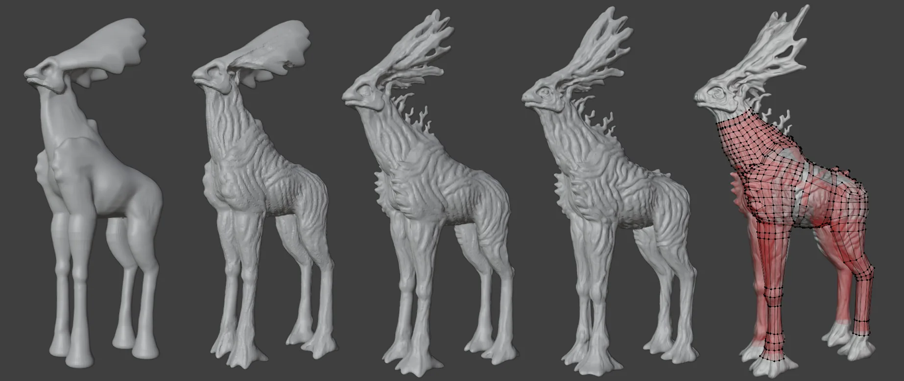 Blender 雕刻与重拓扑过程 Blender 中 Livanthian 的雕刻过程:从基础块面、细节雕刻到带线框的重拓扑网格。
