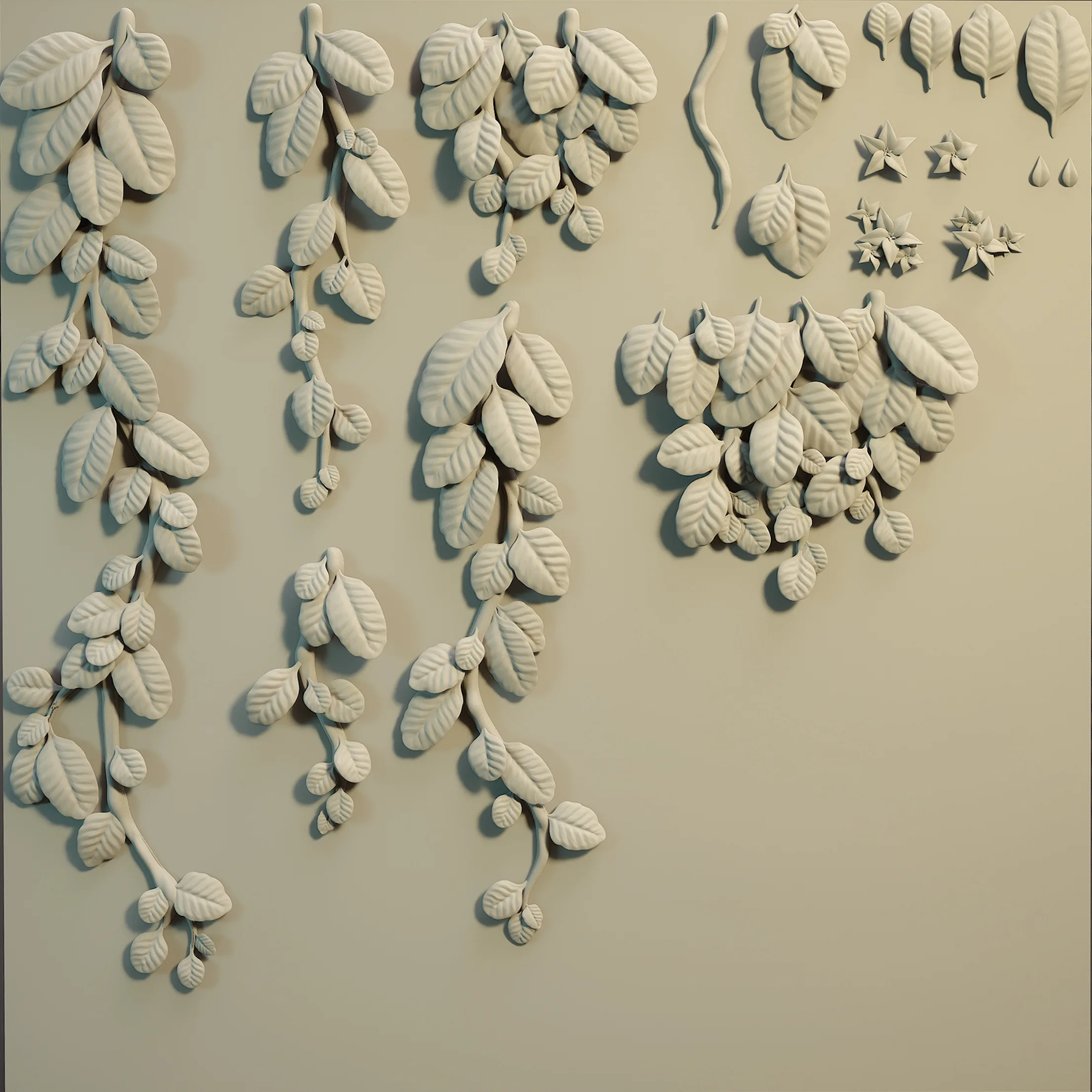 树叶与藤蔓雕刻图集 Livanthian 树叶与藤蔓元素的雕刻白模图集,展示不同形态的枝叶造型。
