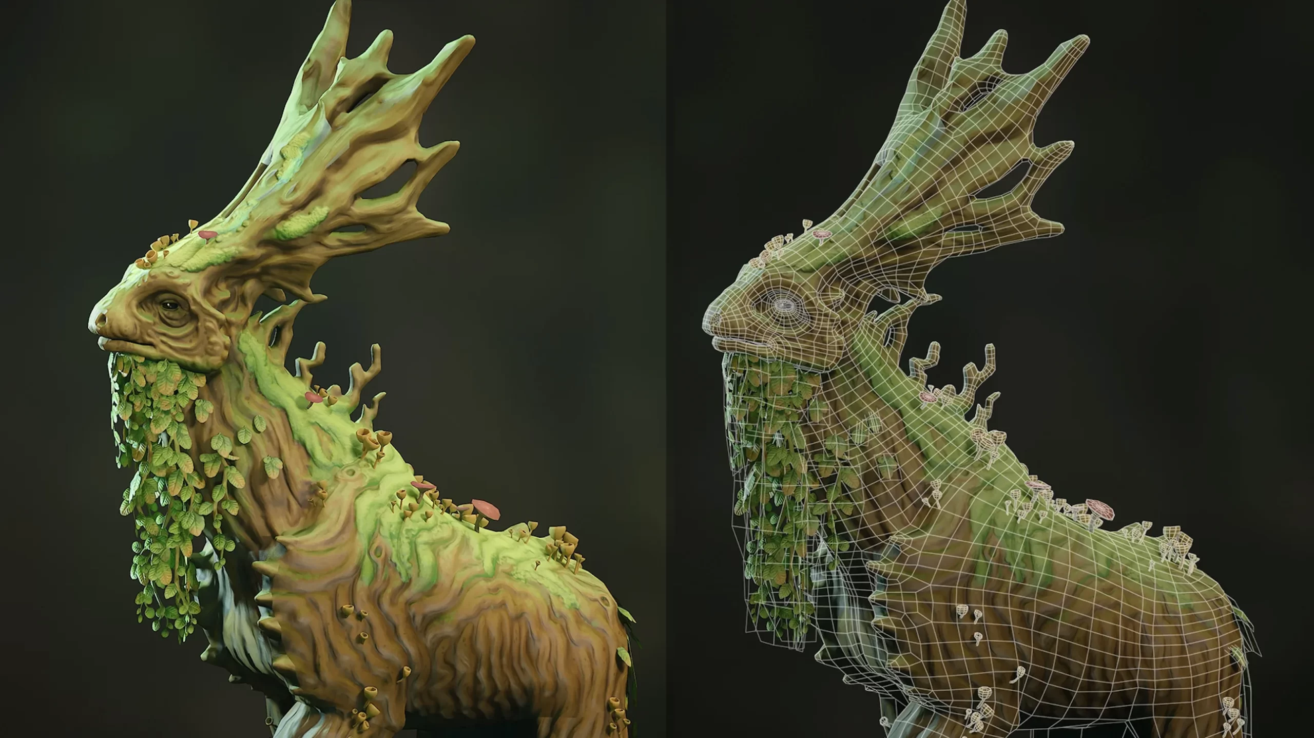 最终纹理头部特写与线框 Livanthian 最终纹理头部特写与带线框的拓扑覆盖对比。