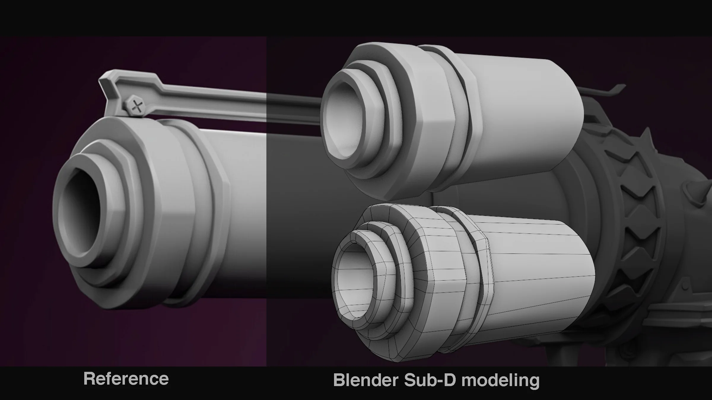 参考与 Blender 细分建模对比 左侧为参考模型,右侧为 Blender 细分建模结果,展示硬表面建模流程。