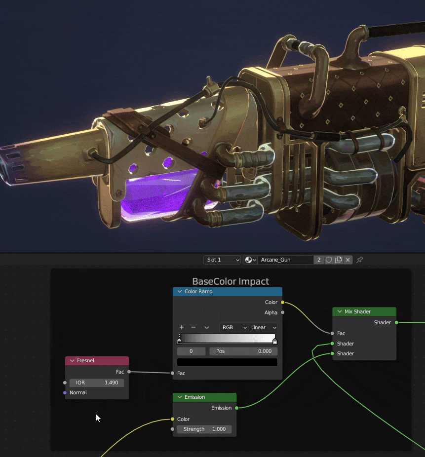 BaseColor Impact 节点设置 GIF 动画演示 Blender 中 BaseColor Impact 节点组,控制 PBR 与无光照贡献的混合比例。