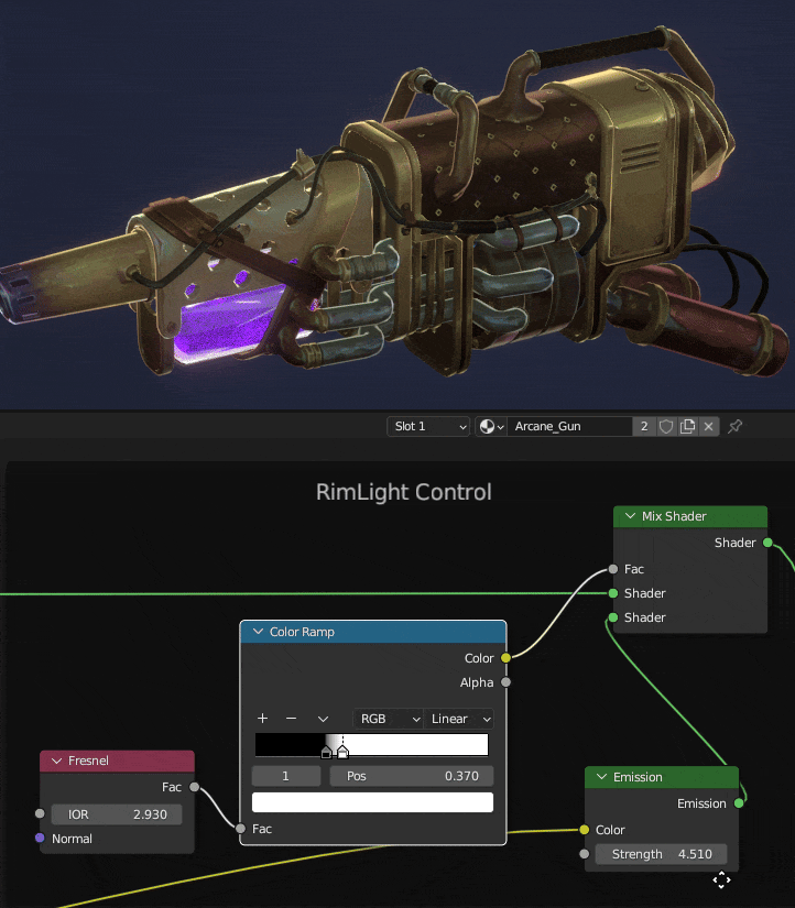 RimLight Control 节点设置 GIF 动画演示 Blender 中 RimLight Control 节点组,调整轮廓光强度与范围。