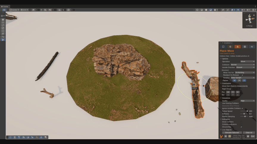Place/Move 演示 GIF 动图,Unity 编辑器场景中 Grabbit 2 工具栏与 Place/Move 模式面板