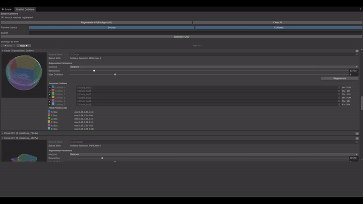 Bake Colliders 演示 GIF 动图,Unity Project 窗口中 Grabbit Colliders 烘焙界面（Source/Total/Matches/Generated 几列）