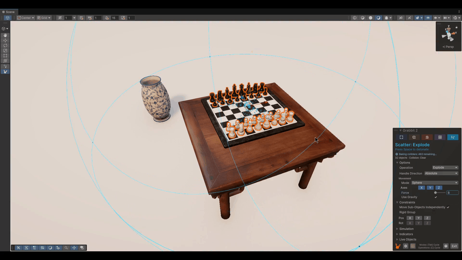 Scatter Explode 演示 GIF 动图,Unity 场景中木桌与国际象棋被圆形范围向外散开,右侧 Grabbit 2 工具栏