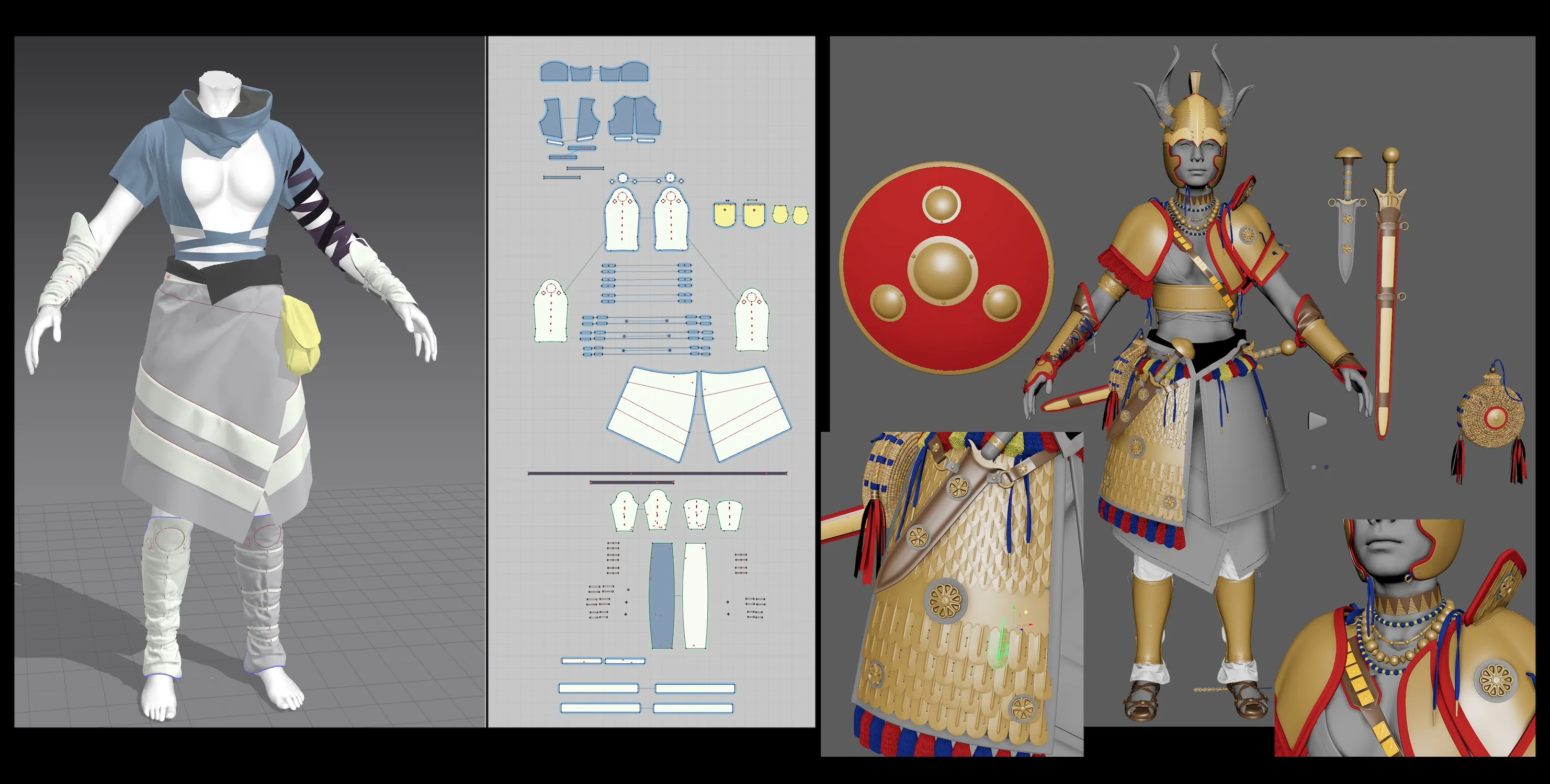 Marvelous Designer 服装建模 角色服装的 2D 裁片与 3D 装配,左侧是 Avatar 全身穿戴灰模,中间是展开的 2D 布料裁片,右侧是装有盾牌、头盔、剑与胸甲的完整装配