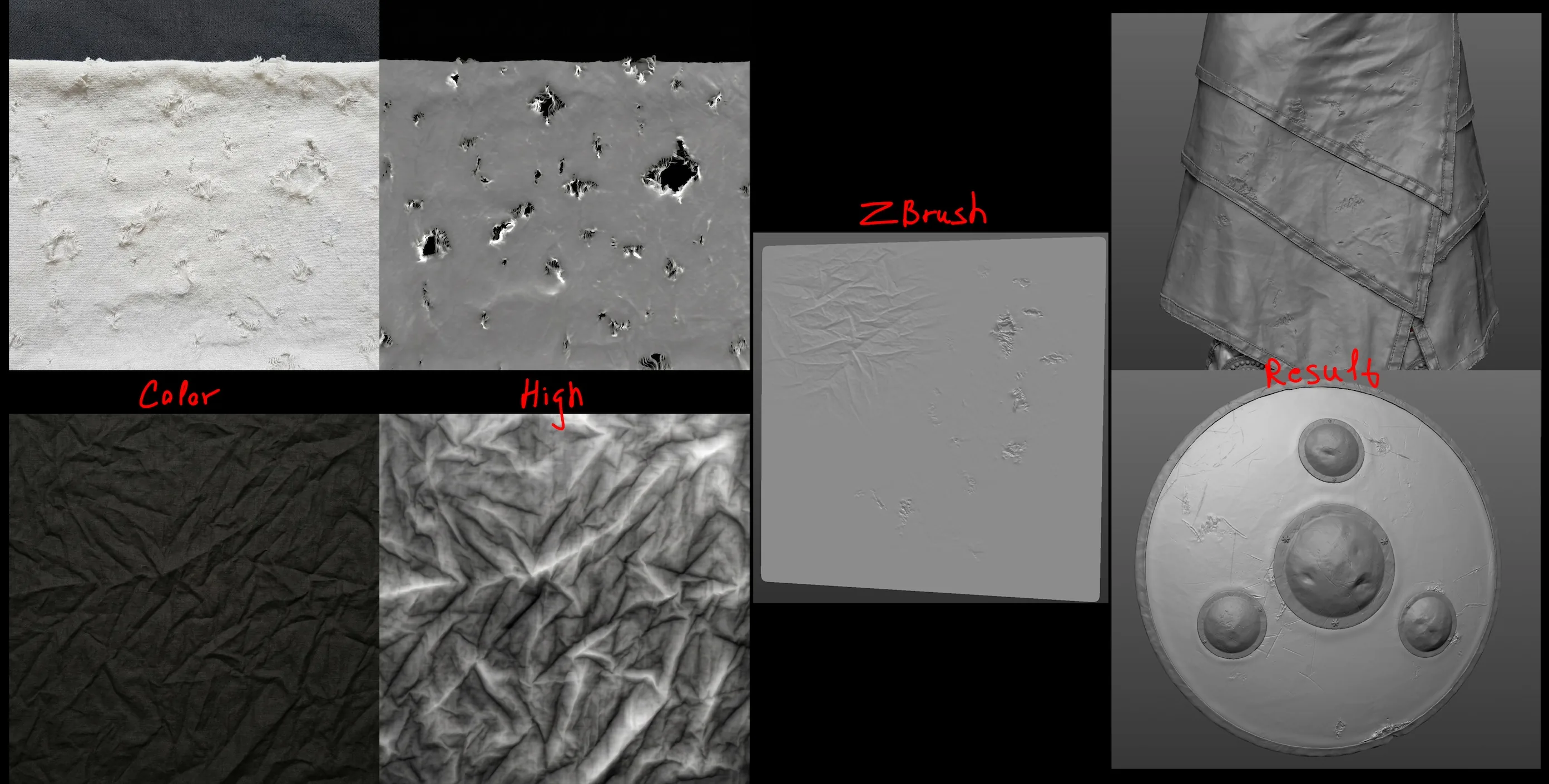 织物褶皱与破损笔刷 ZBrush 织物褶皱与破损笔刷演示,展示 Color、High、ZBrush 三步流程,以及织物褶皱笔刷在衣物上的应用效果和盾牌鳞片纹理