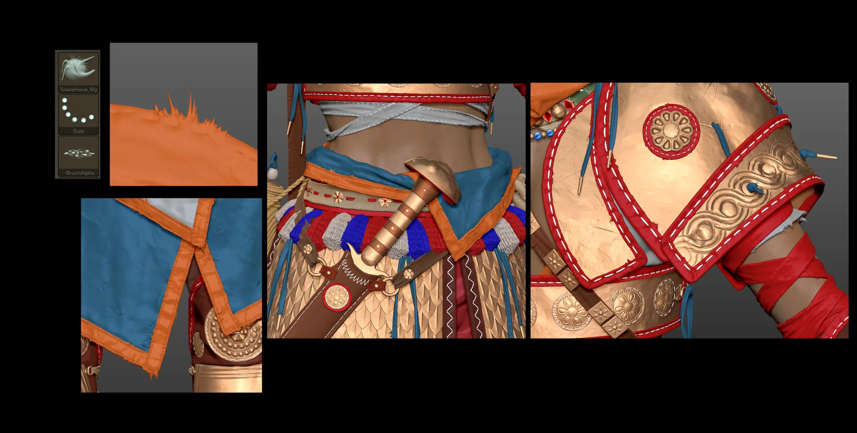 撕裂织物边缘与腰带配剑 ZBrush 中用修改版 Hook 笔刷制作撕裂的织物边缘,展示橙色撕裂纤维、羽毛边缘细节及腰带配剑与金属护臂的整体效果