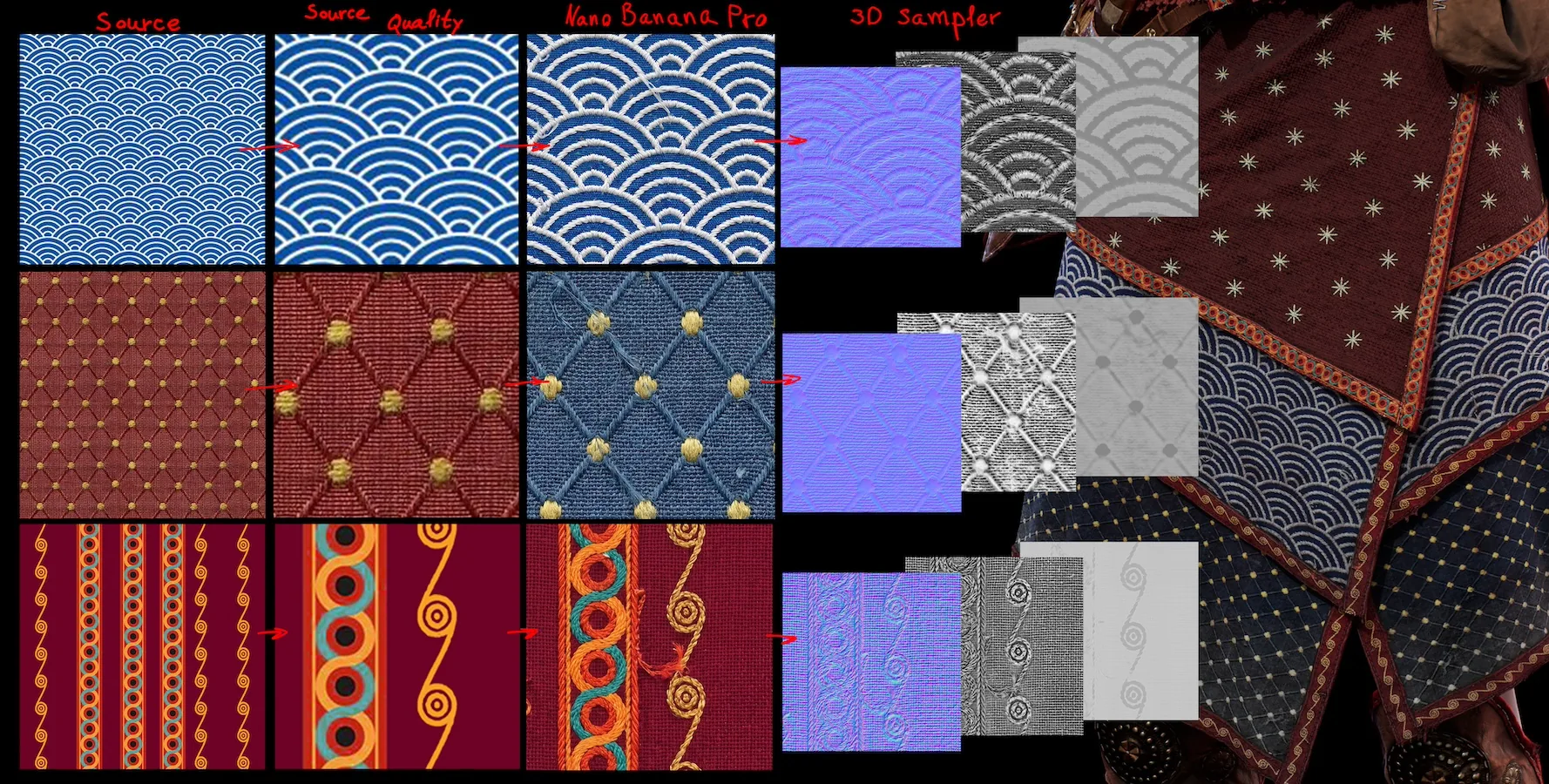 AI 增强的刺绣边与织物图案 用 AI 增强照片后经 Substance 3D Sampler 生成的织物刺绣图案与边缘材质