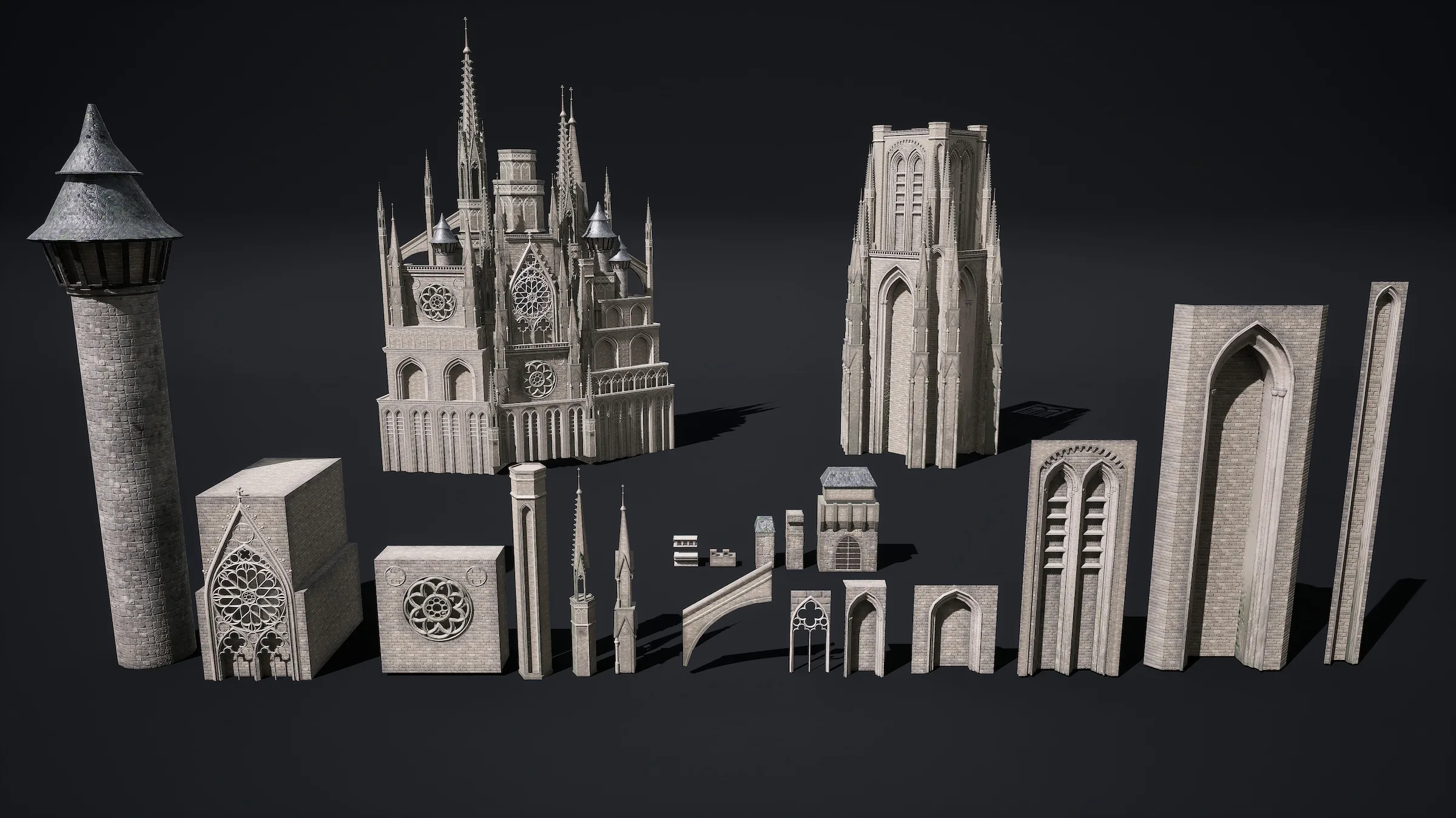模块化大教堂组件在 Unreal Engine 中的素模展示，包括尖塔、拱门与玫瑰窗